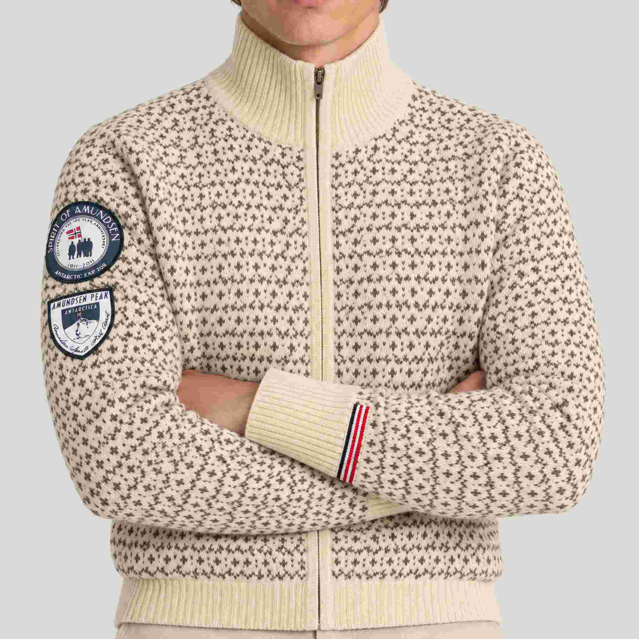 Amundsen Heroes of Telemark Full Zip in Natural, close-up fabric detail on model.