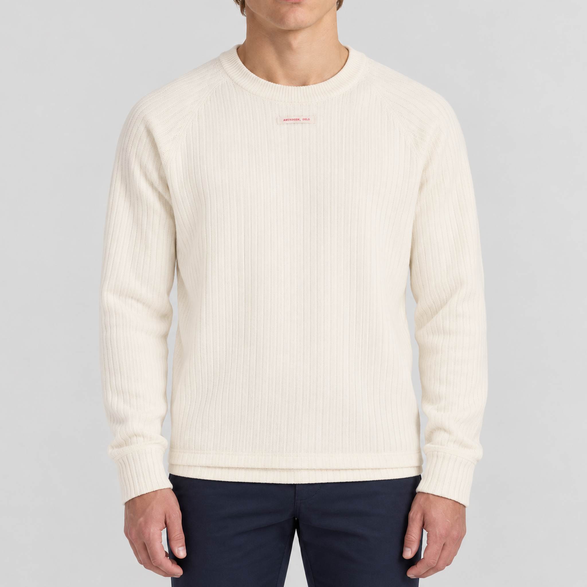 Amundsen Hero’s Hide Crew Neck, front view on model.