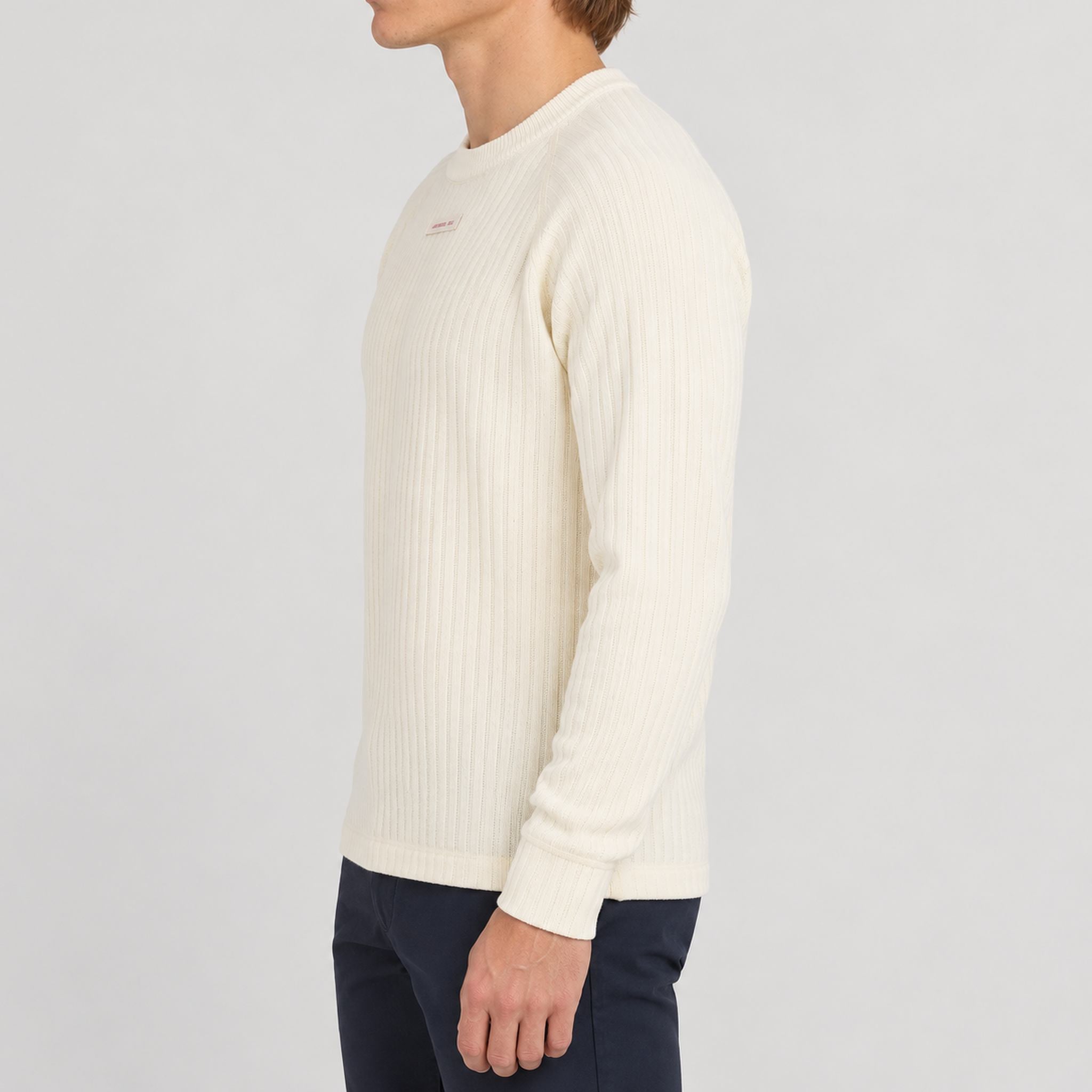 Amundsen Hero’s Hide Crew Neck, side view on model.