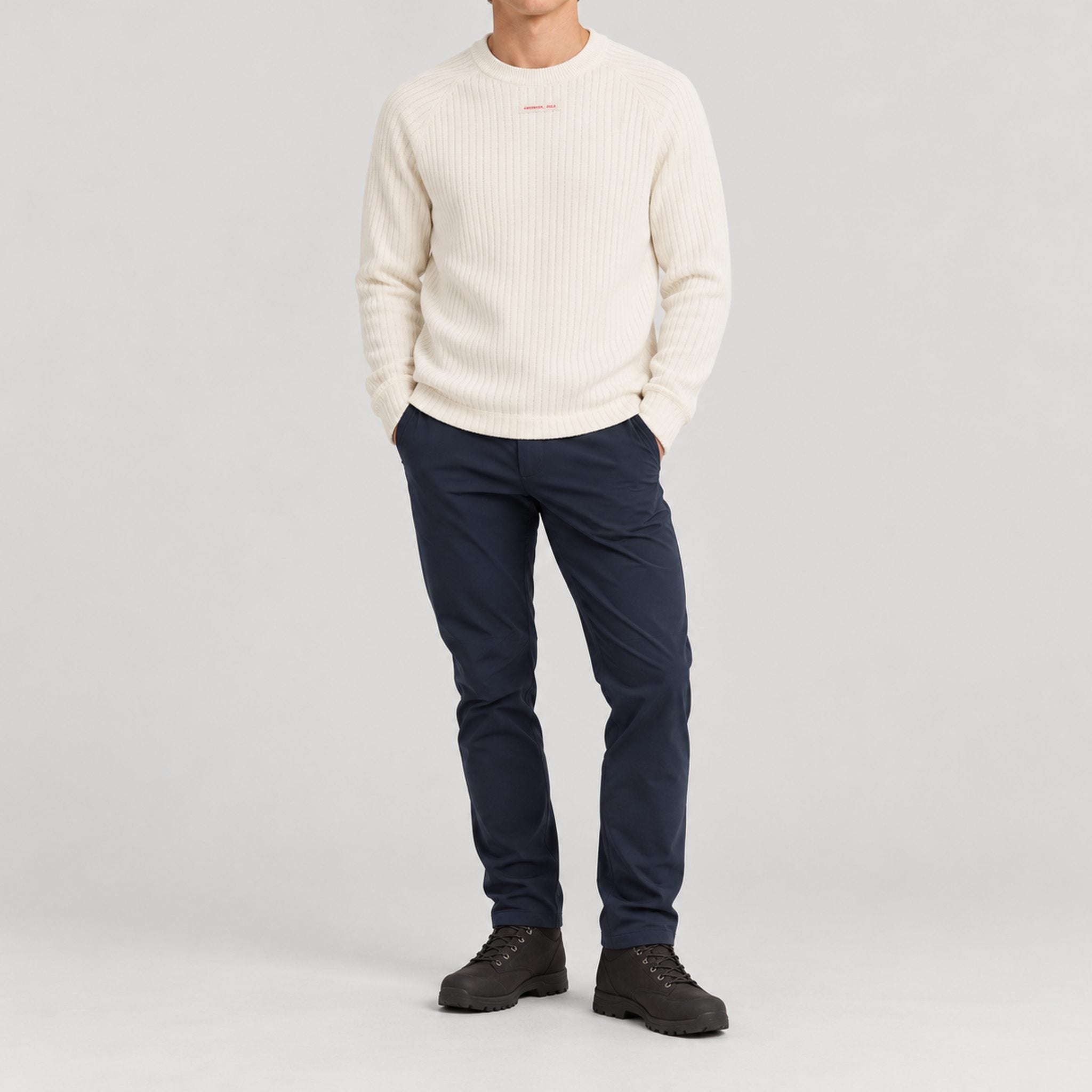Amundsen Hero’s Hide Crew Neck, full outfit view on model.