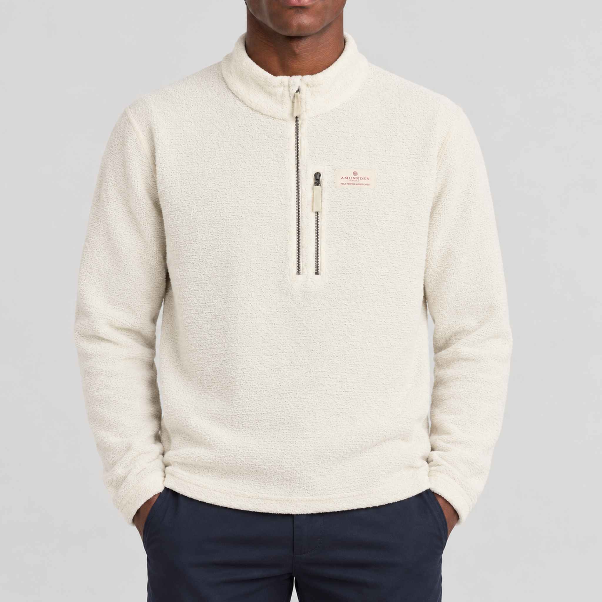 Amundsen Hut Half Zip in Oatmeal, front view on model.