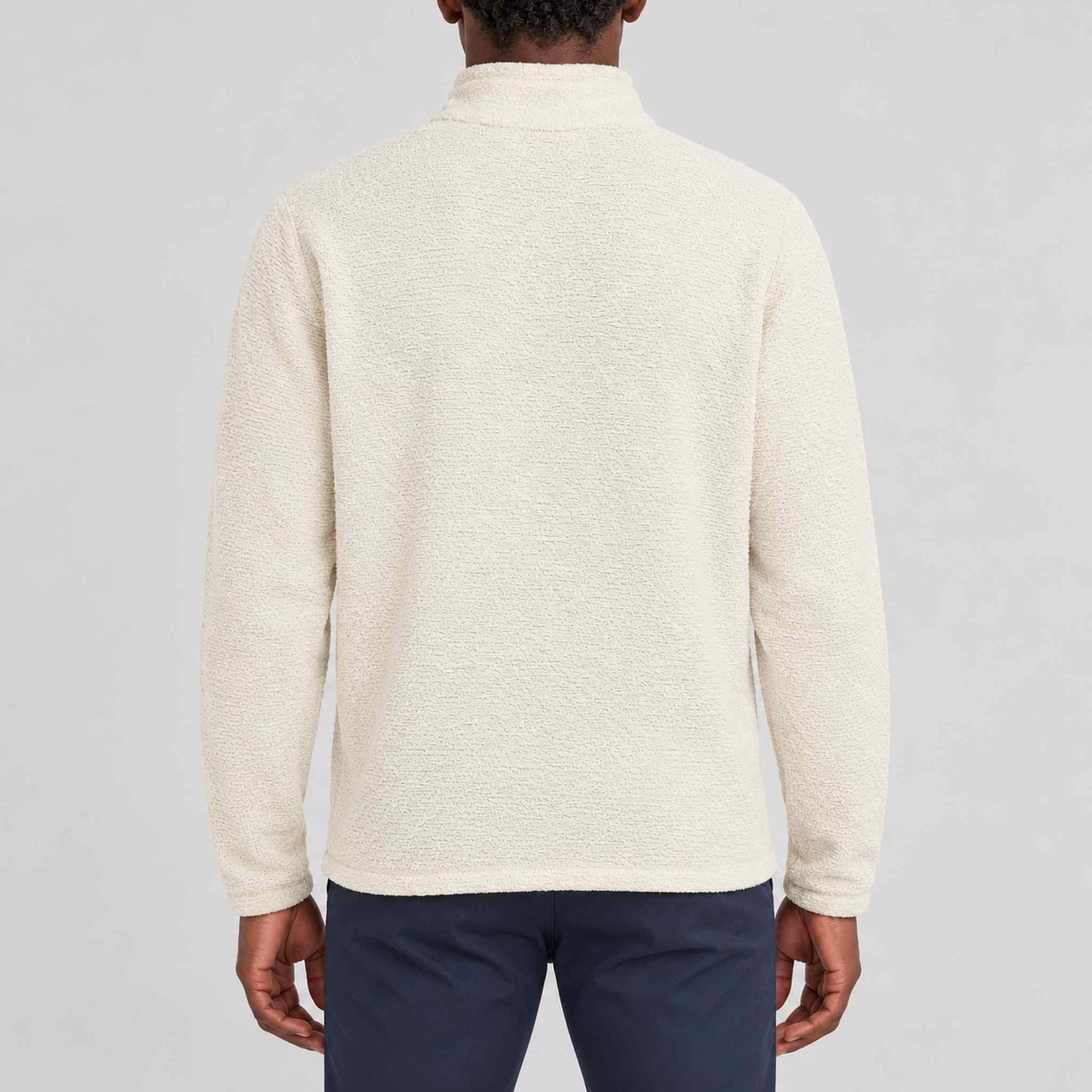 Amundsen Hut Half Zip in Oatmeal, back view on model.