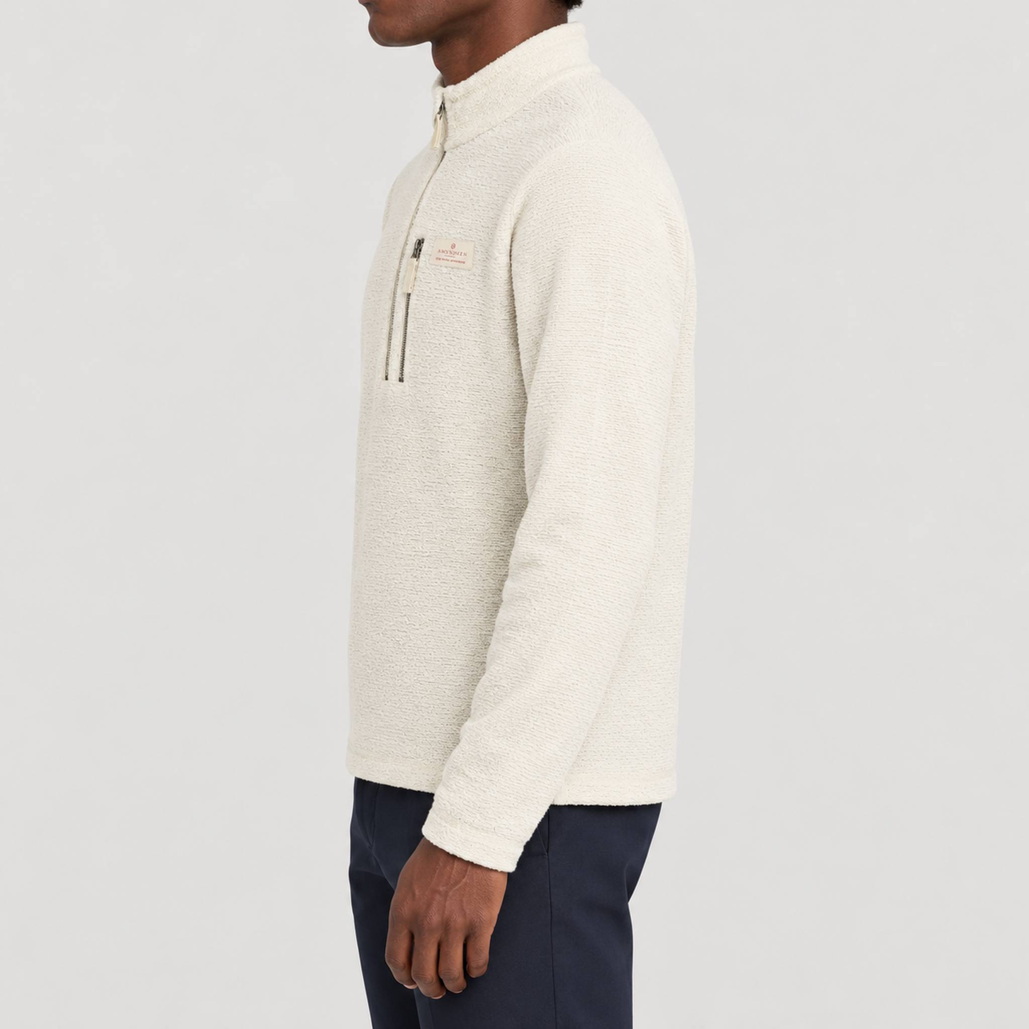 Amundsen Hut Half Zip in Oatmeal, side view on model.