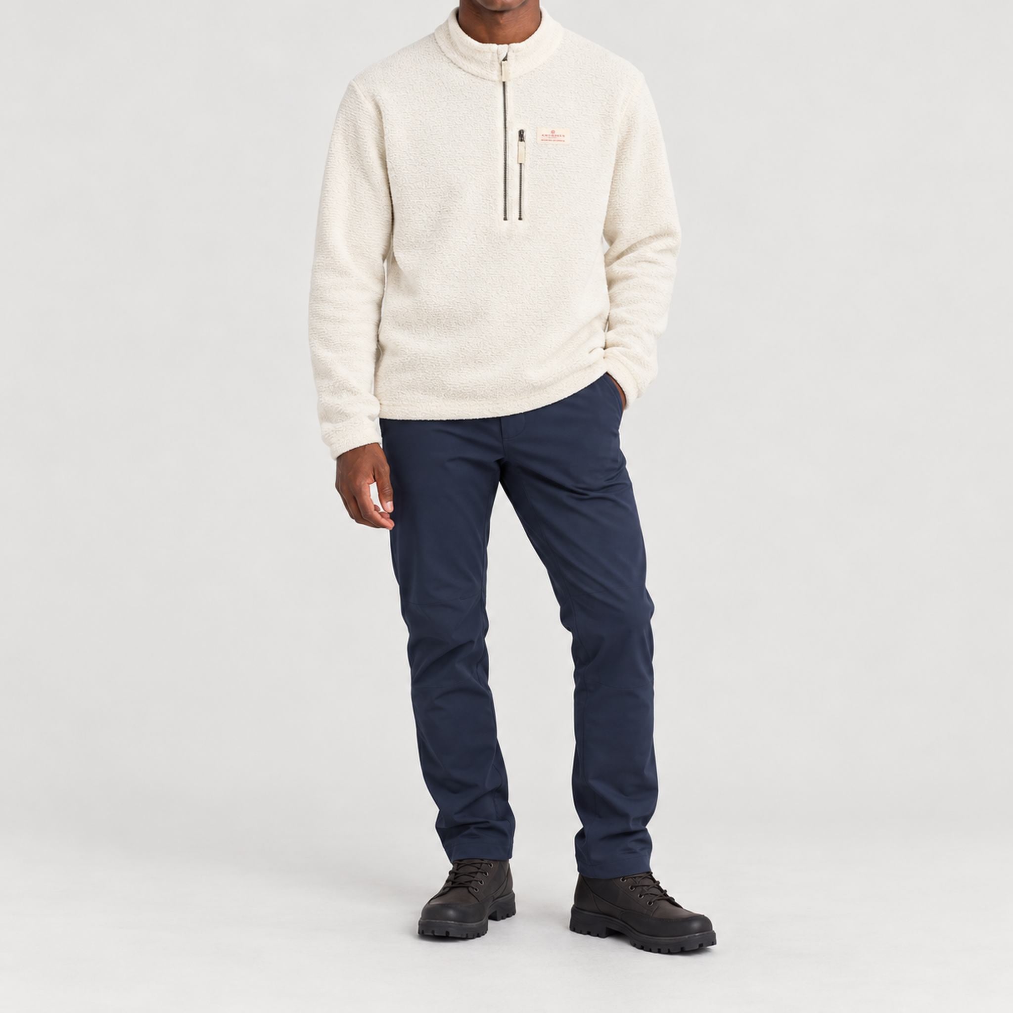 Amundsen Hut Half Zip in Oatmeal, full outfit view on model.