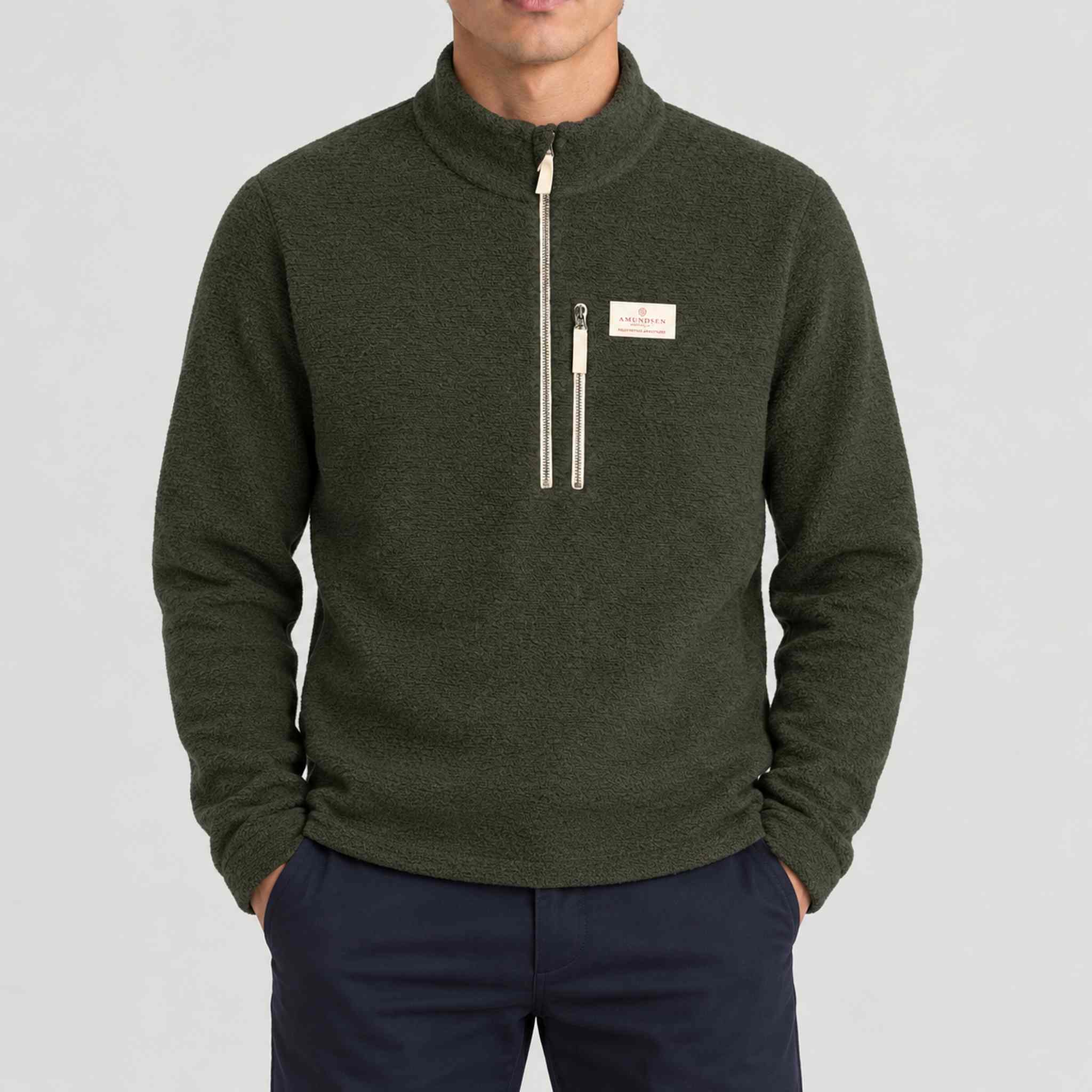 Amundsen Hut Half Zip in Spruce Green, front view on model.