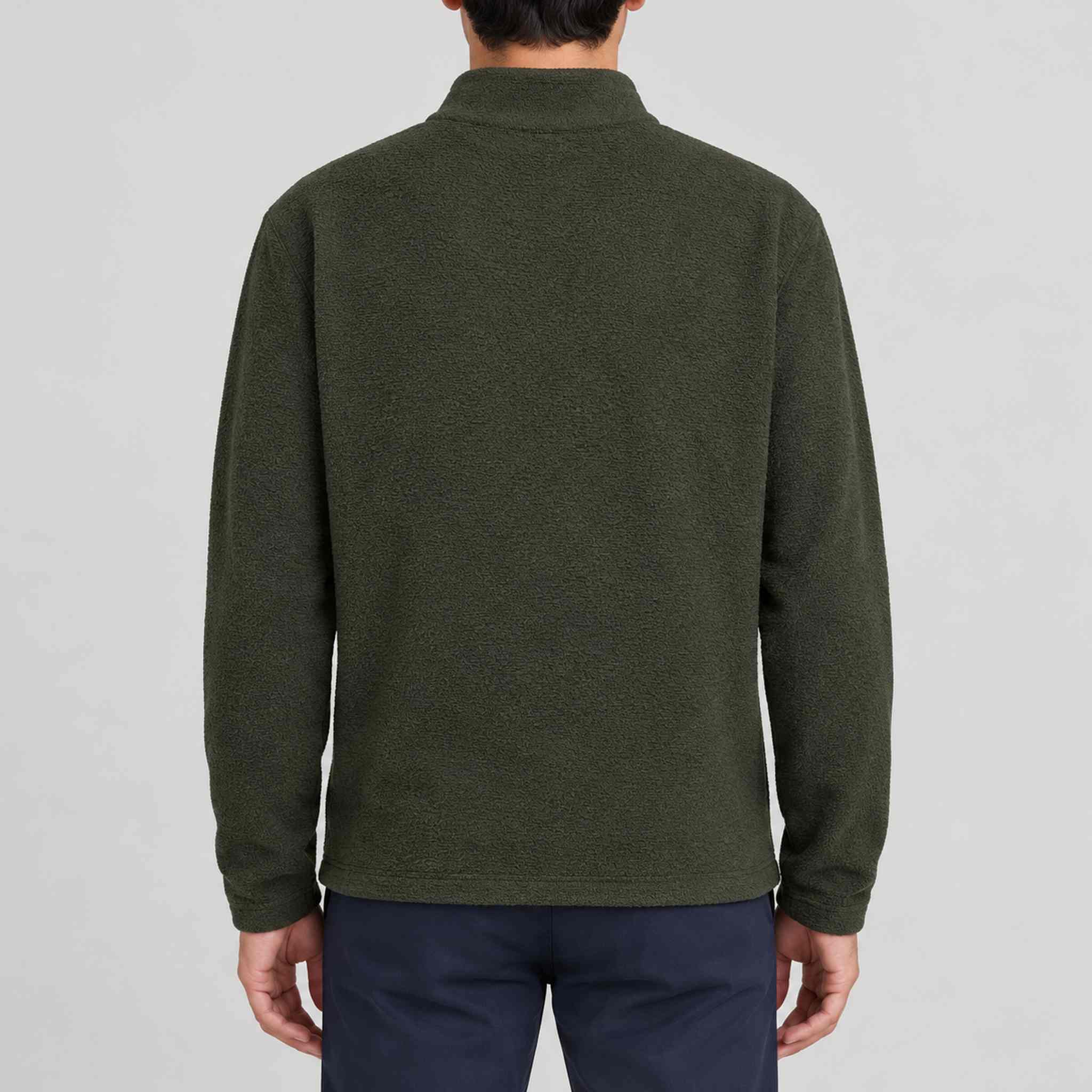 Amundsen Hut Half Zip in Spruce Green, back view on model.