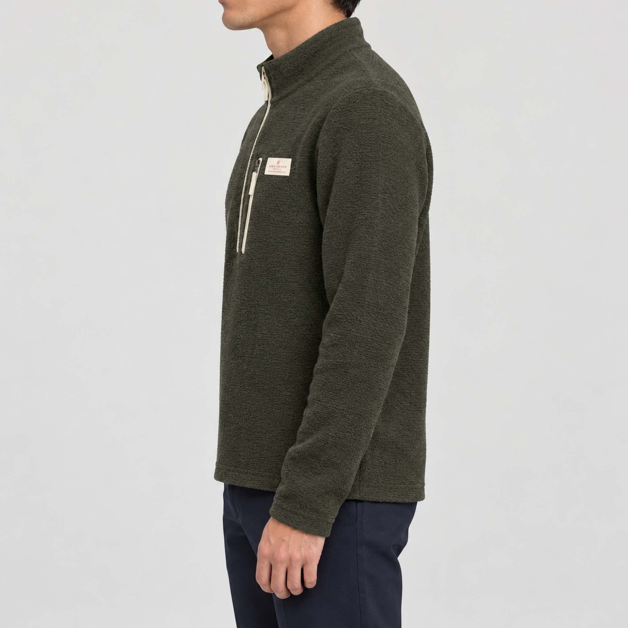 Amundsen Hut Half Zip in Spruce Green, side view on model.