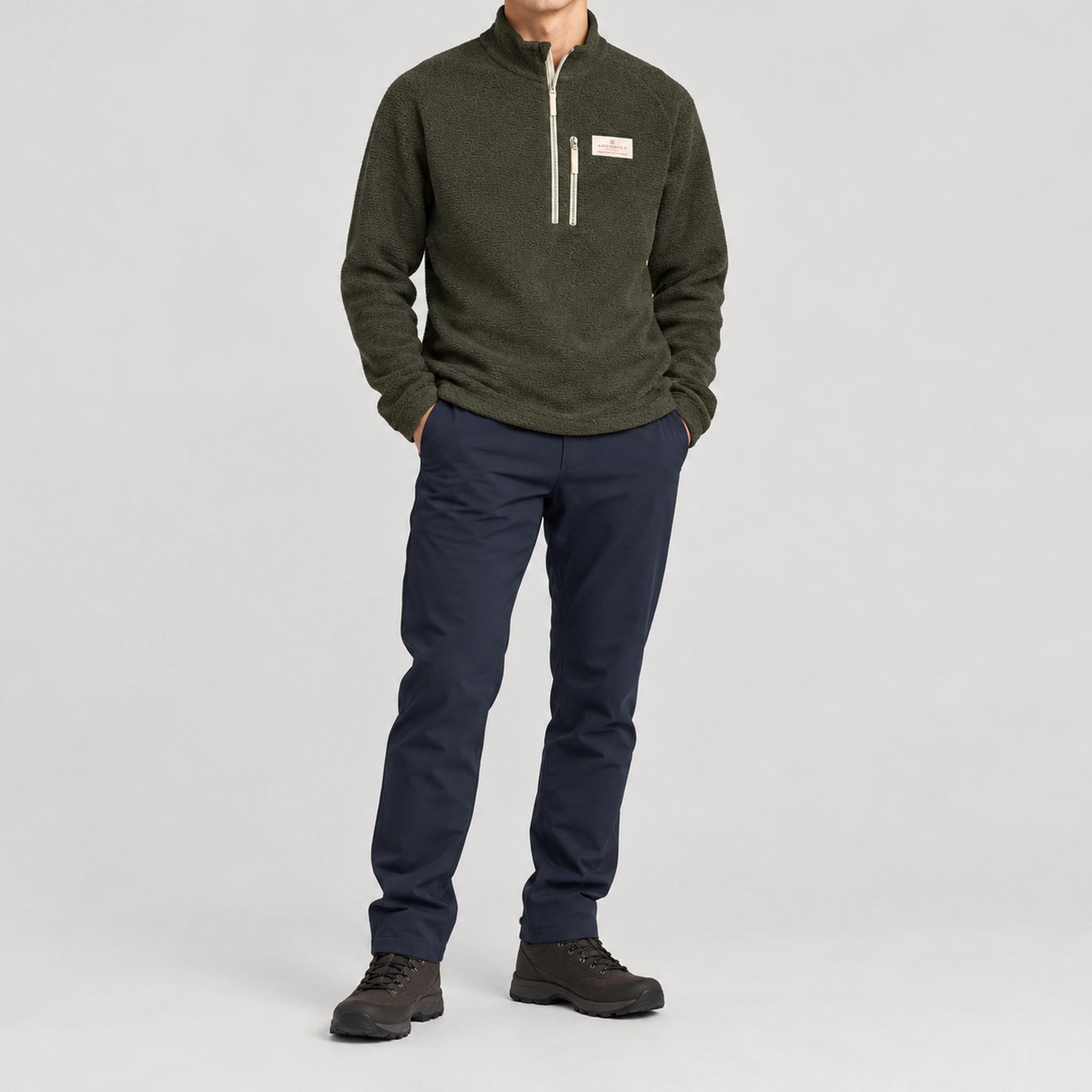 Amundsen Hut Half Zip in Spruce Green, full outfit view on model.
