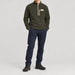 Amundsen Hut Half Zip in Spruce Green, full outfit view on model.