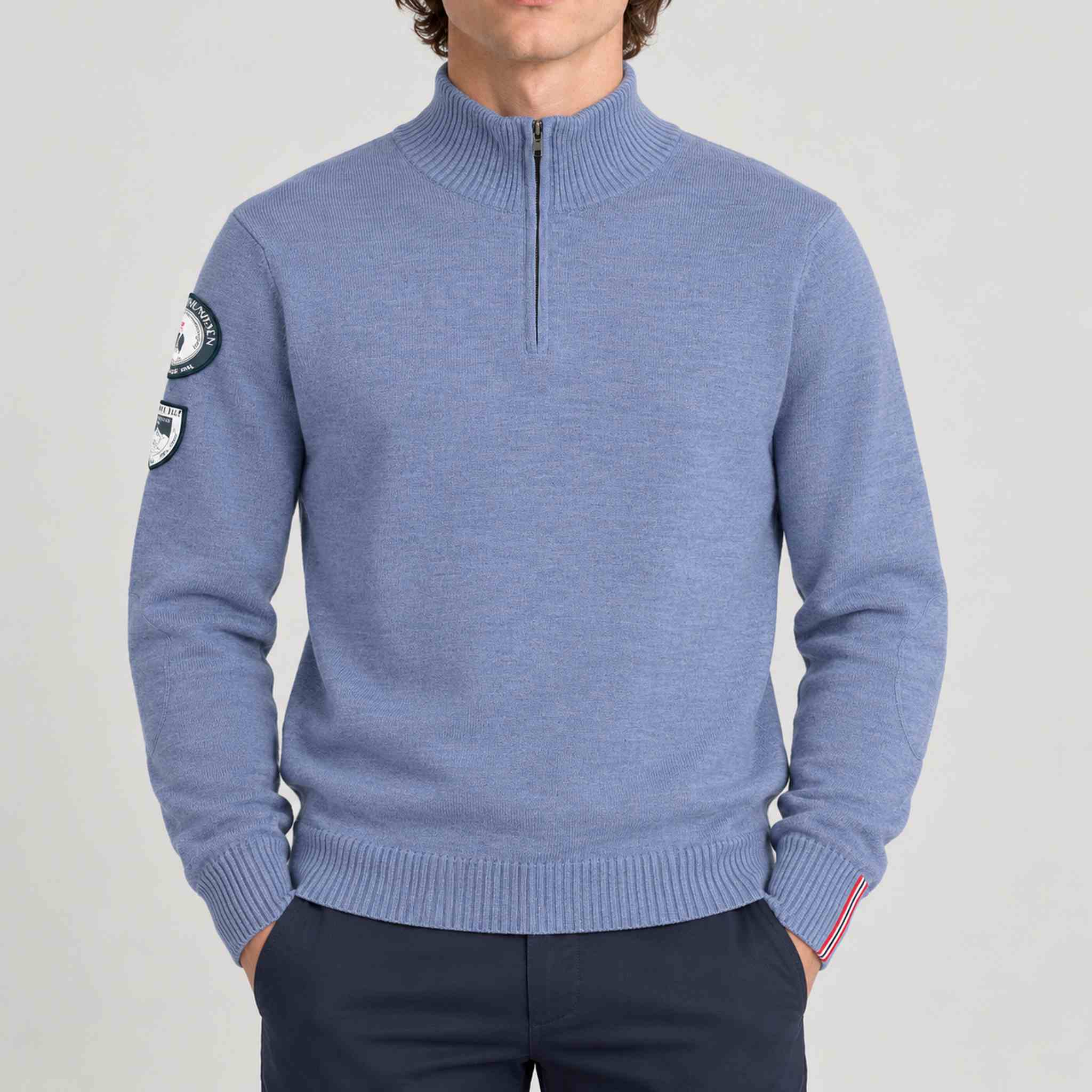 Amundsen Peak Half Zip in Denim Blue, front view on model.