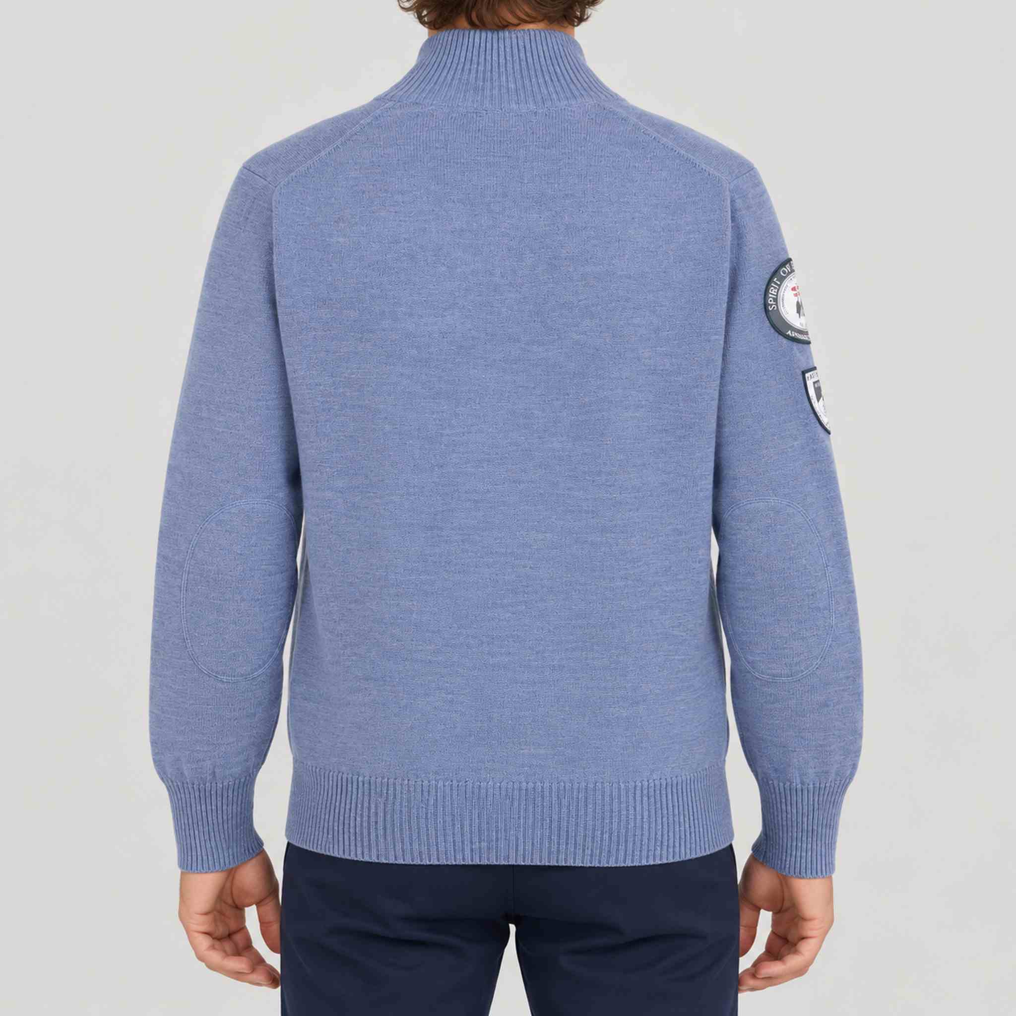 Amundsen Peak Half Zip in Denim Blue, back view on model.