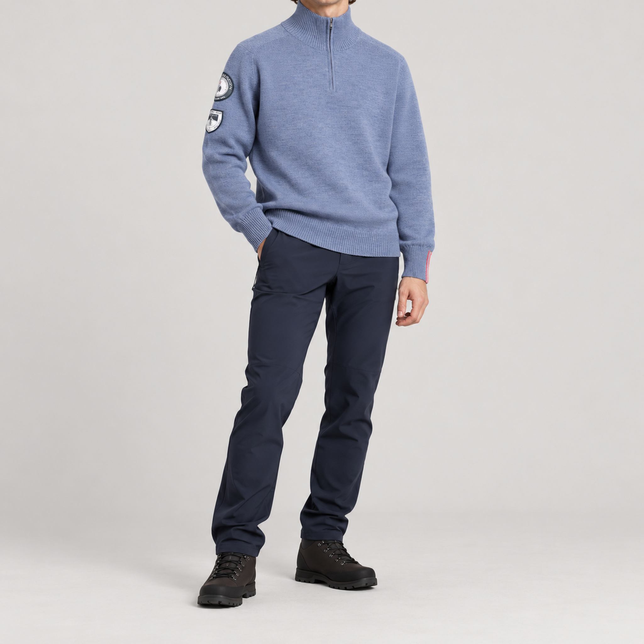 Amundsen Peak Half Zip in Denim Blue, full outfit view on model.