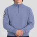 Amundsen Peak Half Zip in Denim Blue, close-up fabric detail on model.