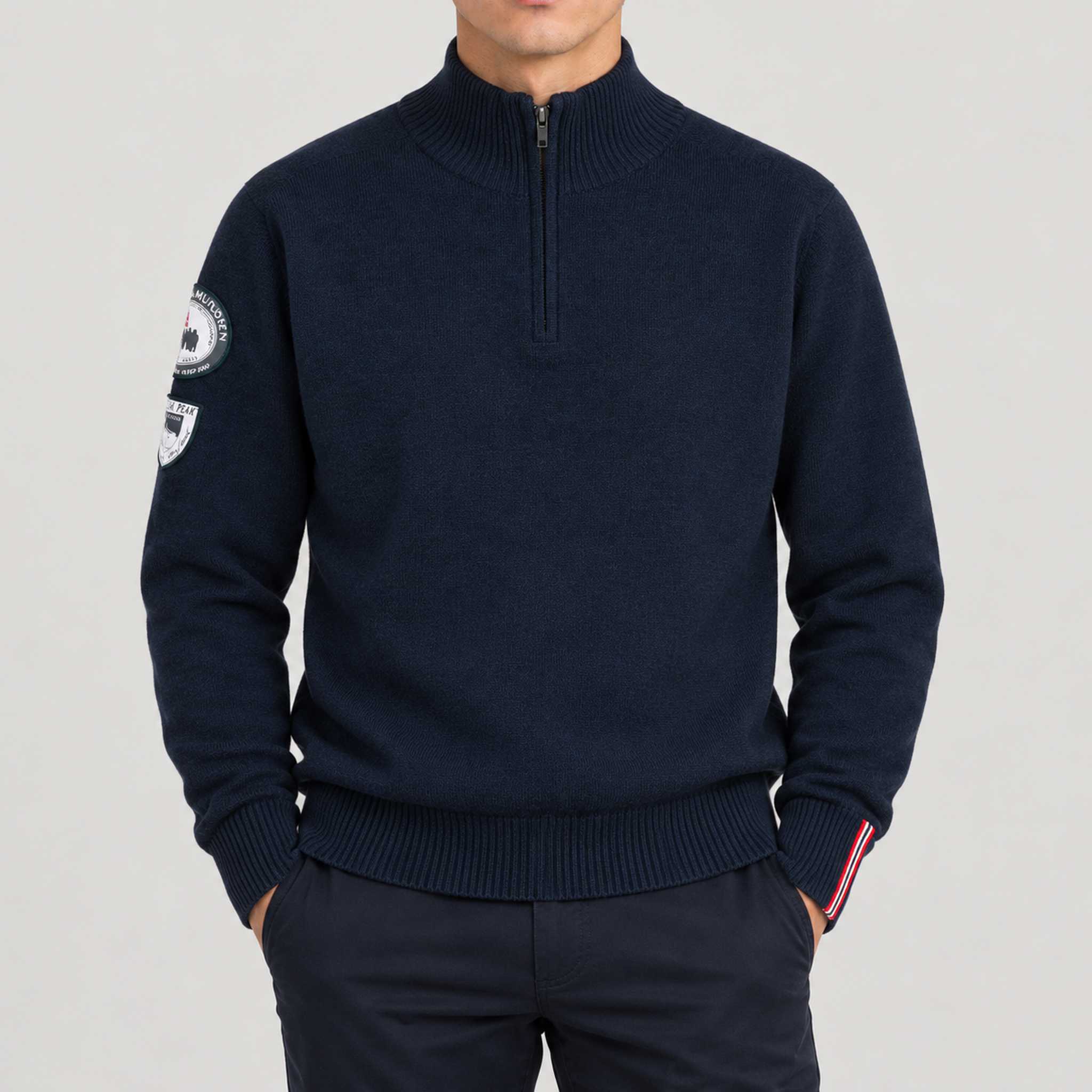 Amundsen Peak Half Zip in Faded Navy, front view on model.