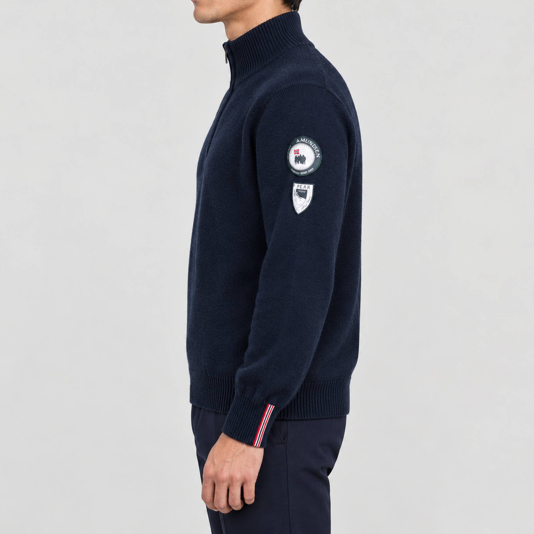 Amundsen Peak Half Zip in Faded Navy, side view on model.