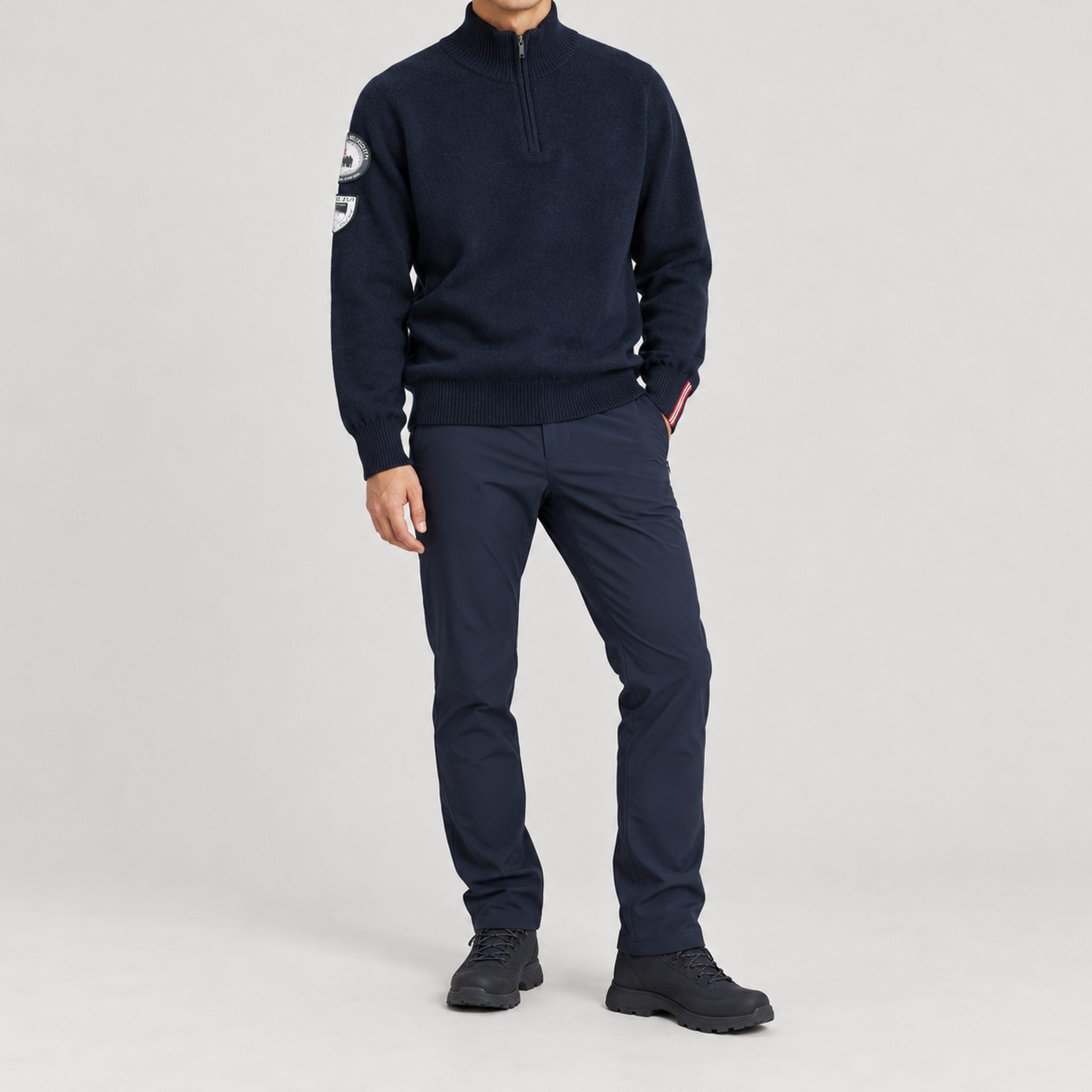 Amundsen Peak Half Zip in Faded Navy, full outfit view on model.
