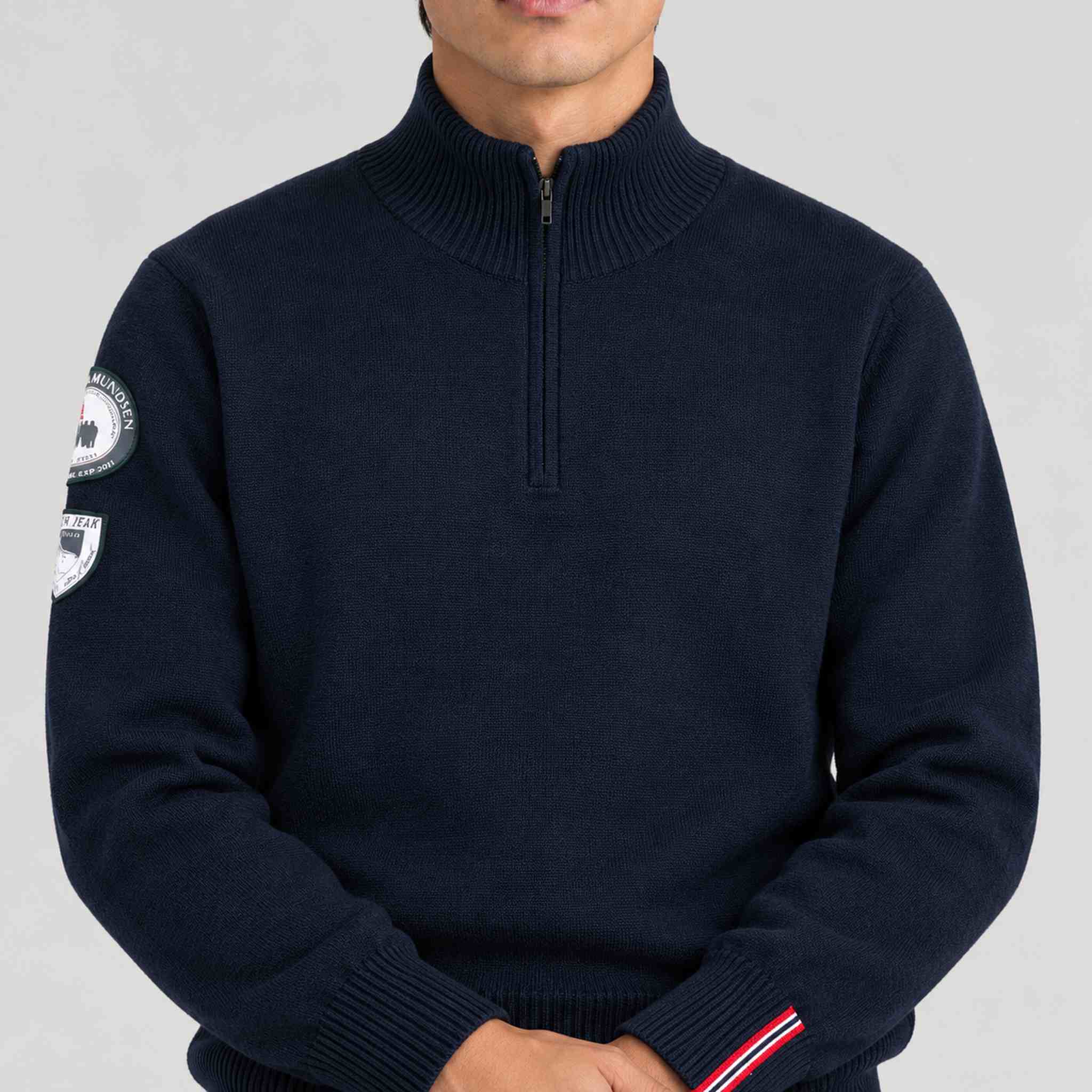 Amundsen Peak Half Zip in Faded Navy, close-up fabric detail on model.