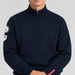 Amundsen Peak Half Zip in Faded Navy, close-up fabric detail on model.