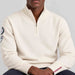 Amundsen Peak Half Zip in Oatmeal, close-up fabric detail on model.