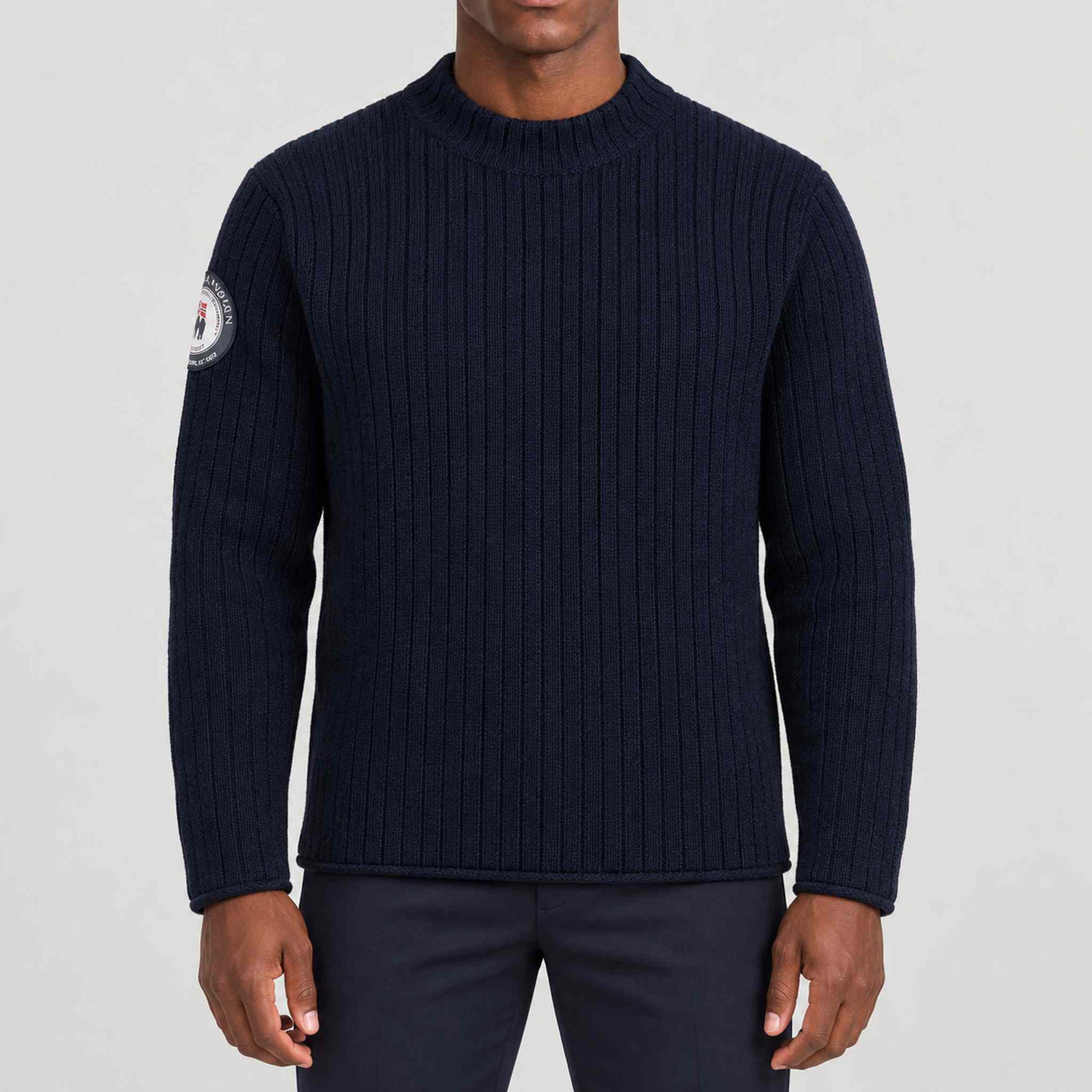Amundsen Roald Roll Neck in Faded Navy, front view on model.