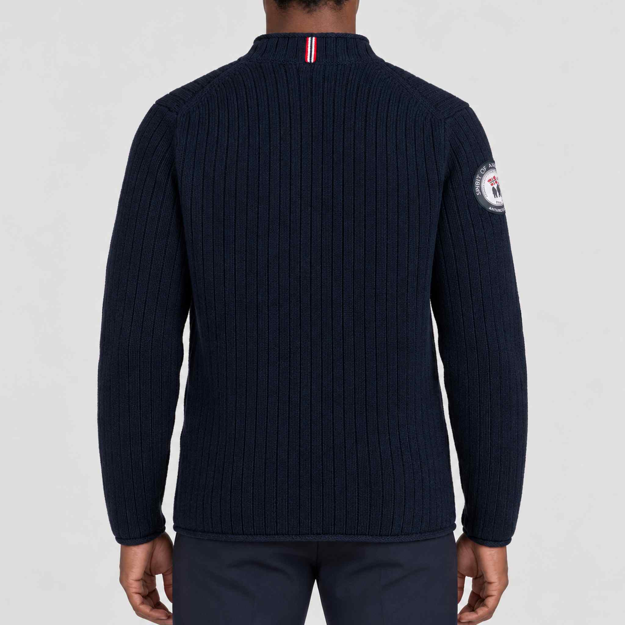 Amundsen Roald Roll Neck in Faded Navy, back view on model.