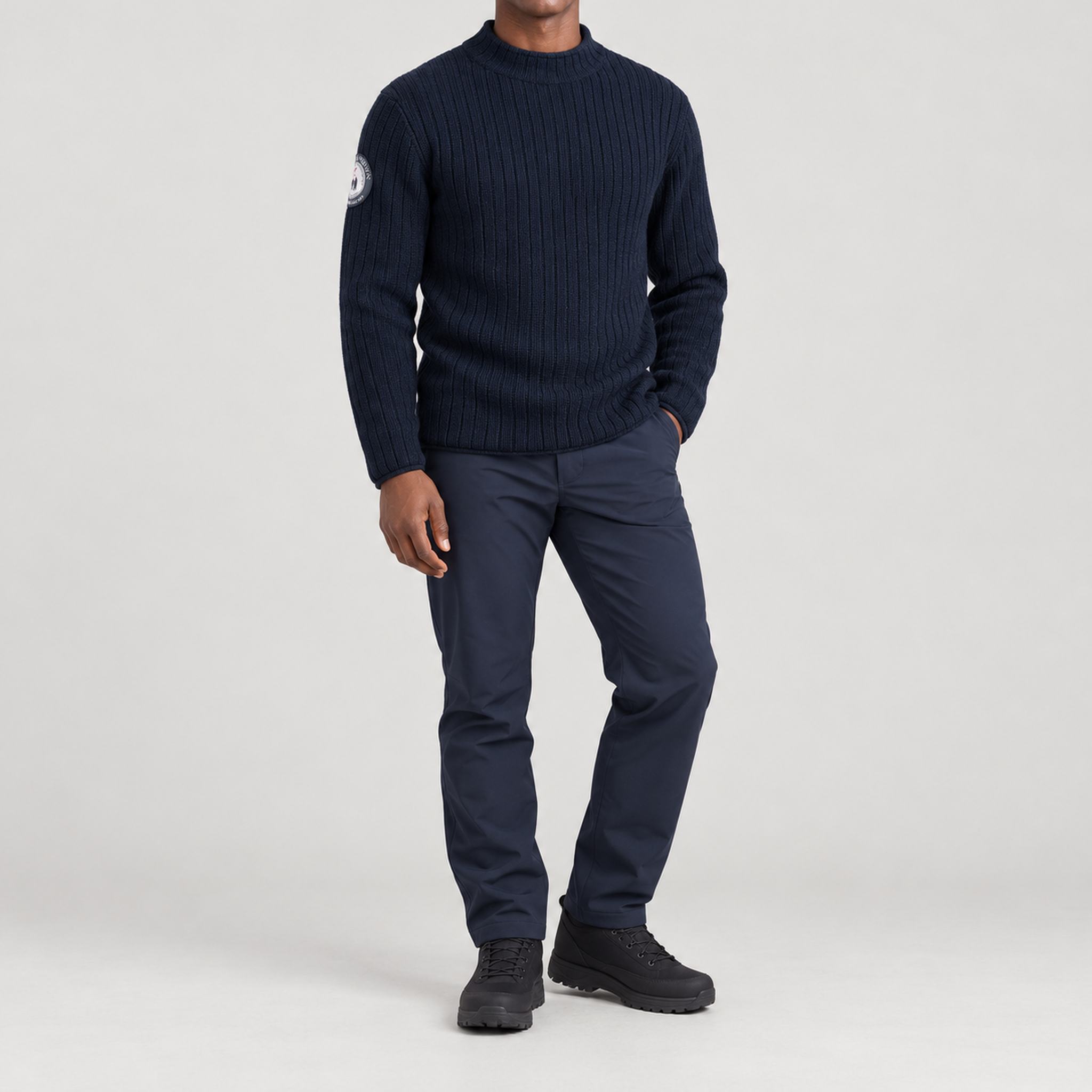 Amundsen Roald Roll Neck in Faded Navy, full outfit view on model.