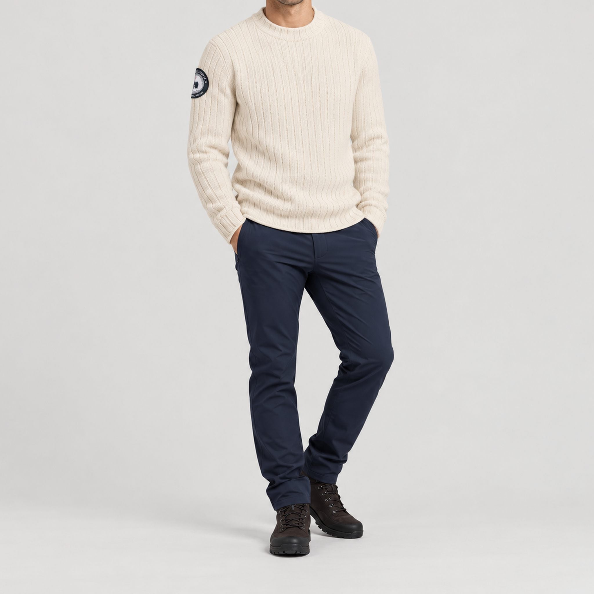 Amundsen Roald Roll Neck in Oatmeal, full outfit view on model.