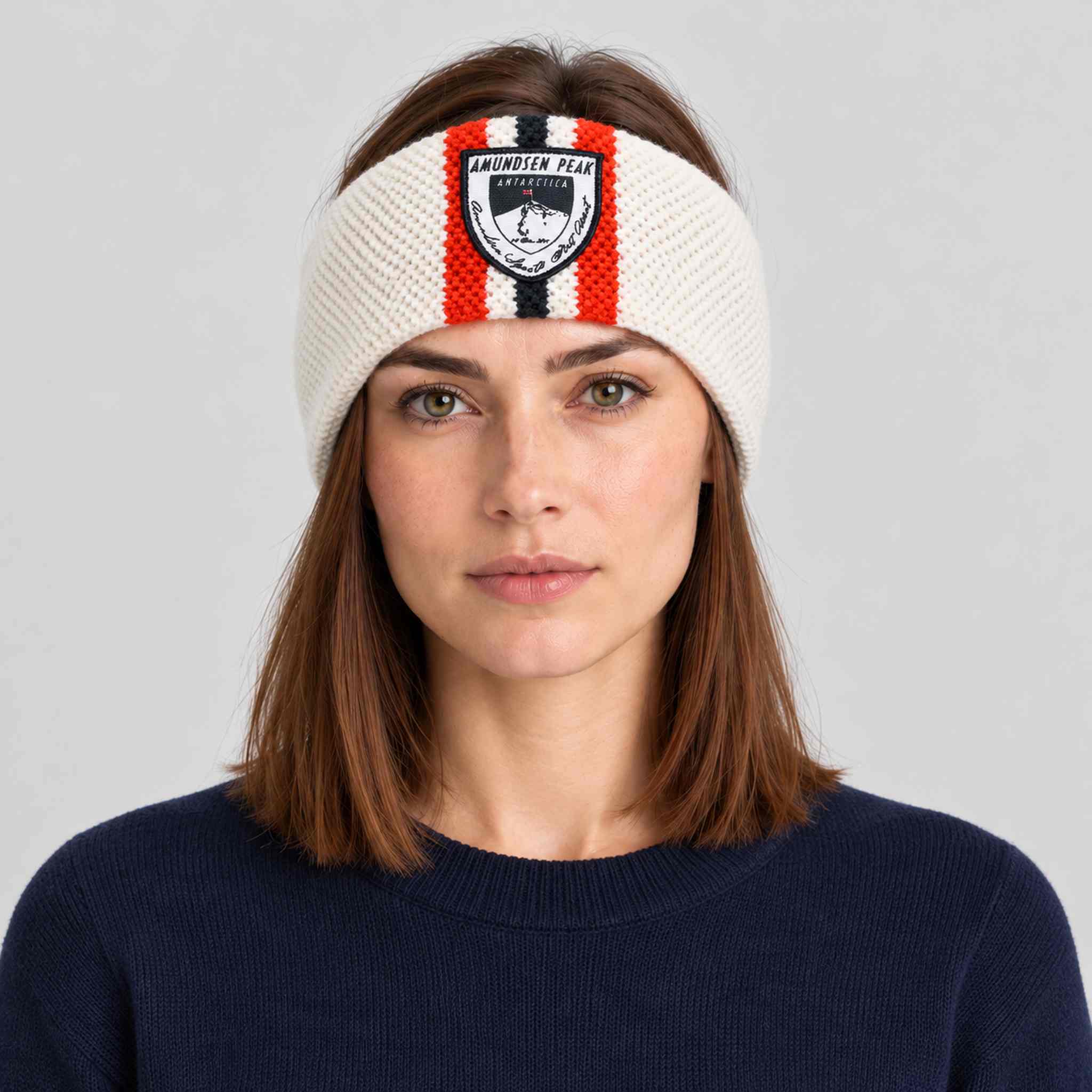 Amundsen Antarctica Headband in White, front view worn by a female model.