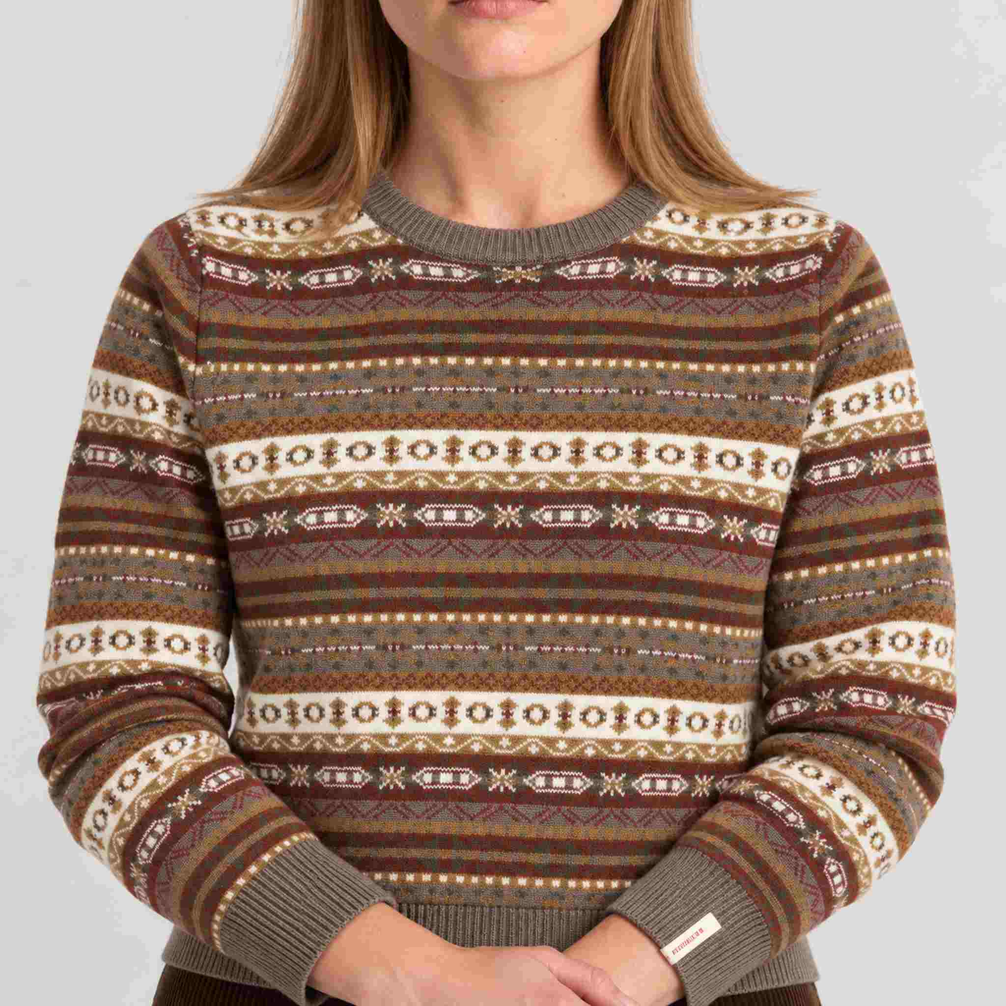Amundsen Dunkirk Crew Neck, close-up fabric detail on model.