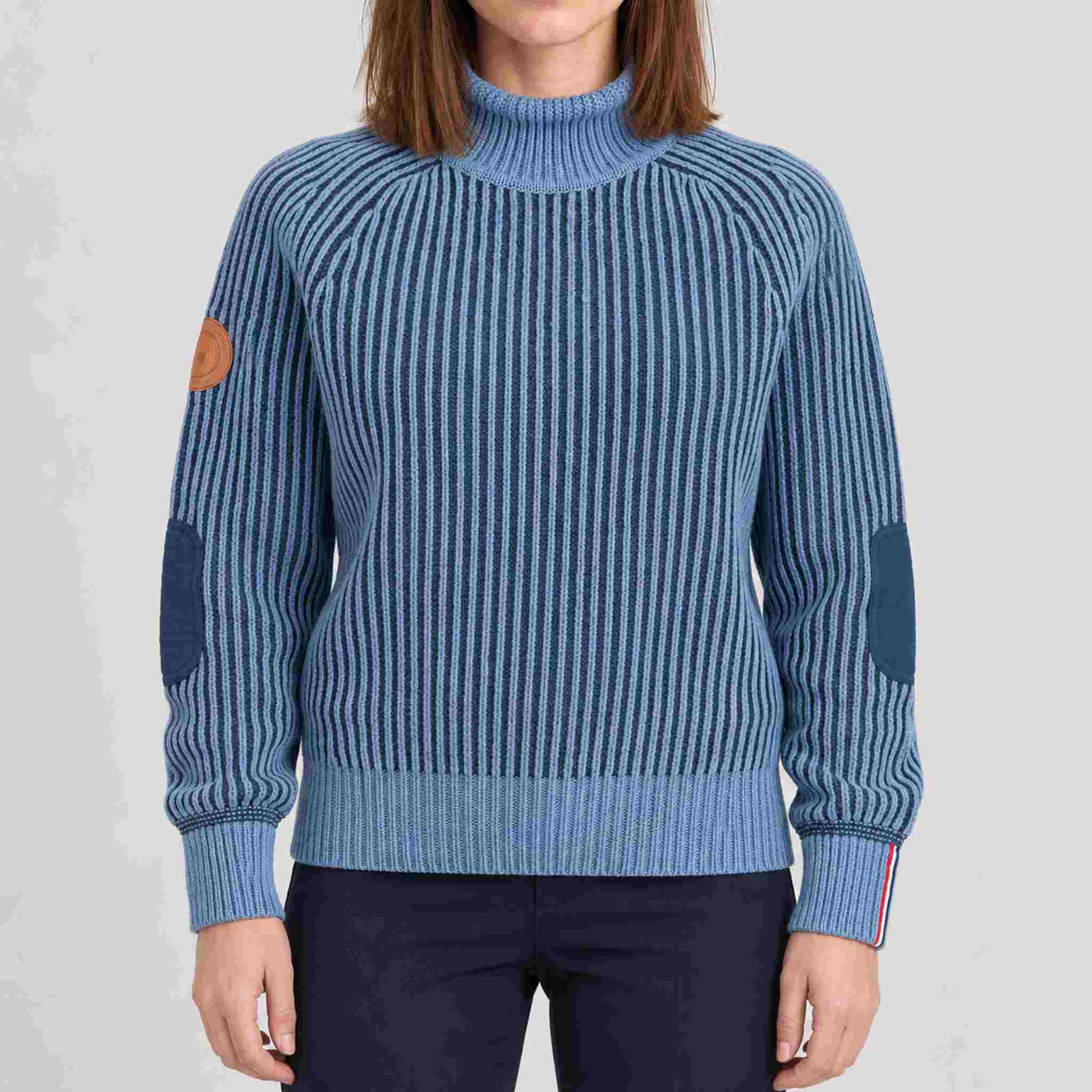 Amundsen Gard Sweater in Fjord Blue, front view on model.