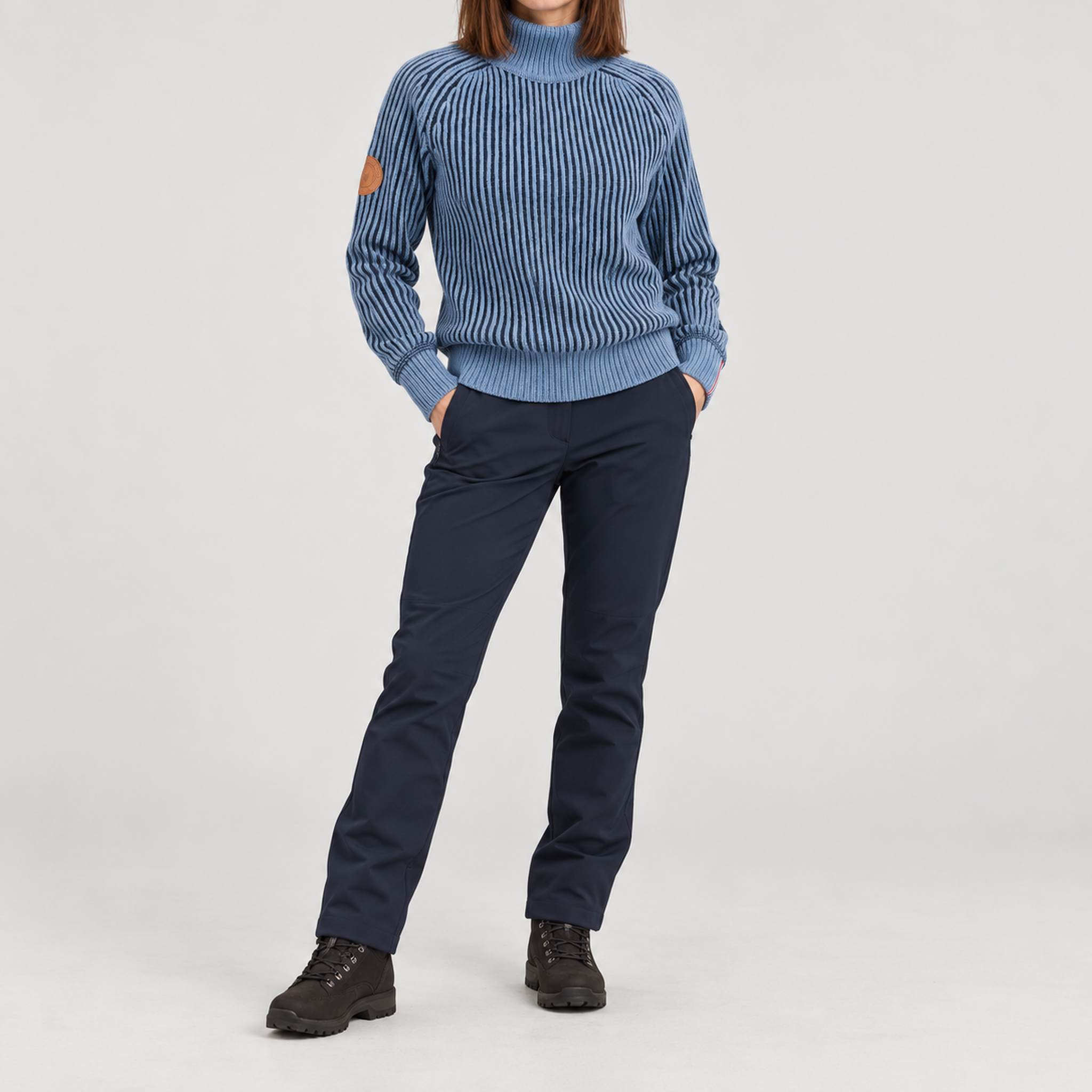 Amundsen Gard Sweater in Fjord Blue, full outfit view on model.