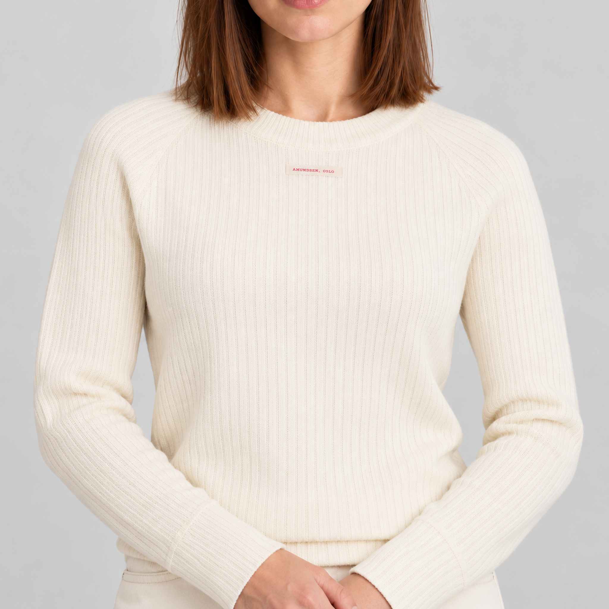 Amundsen Hero’s Hide Crew Neck, close-up fabric detail on model.