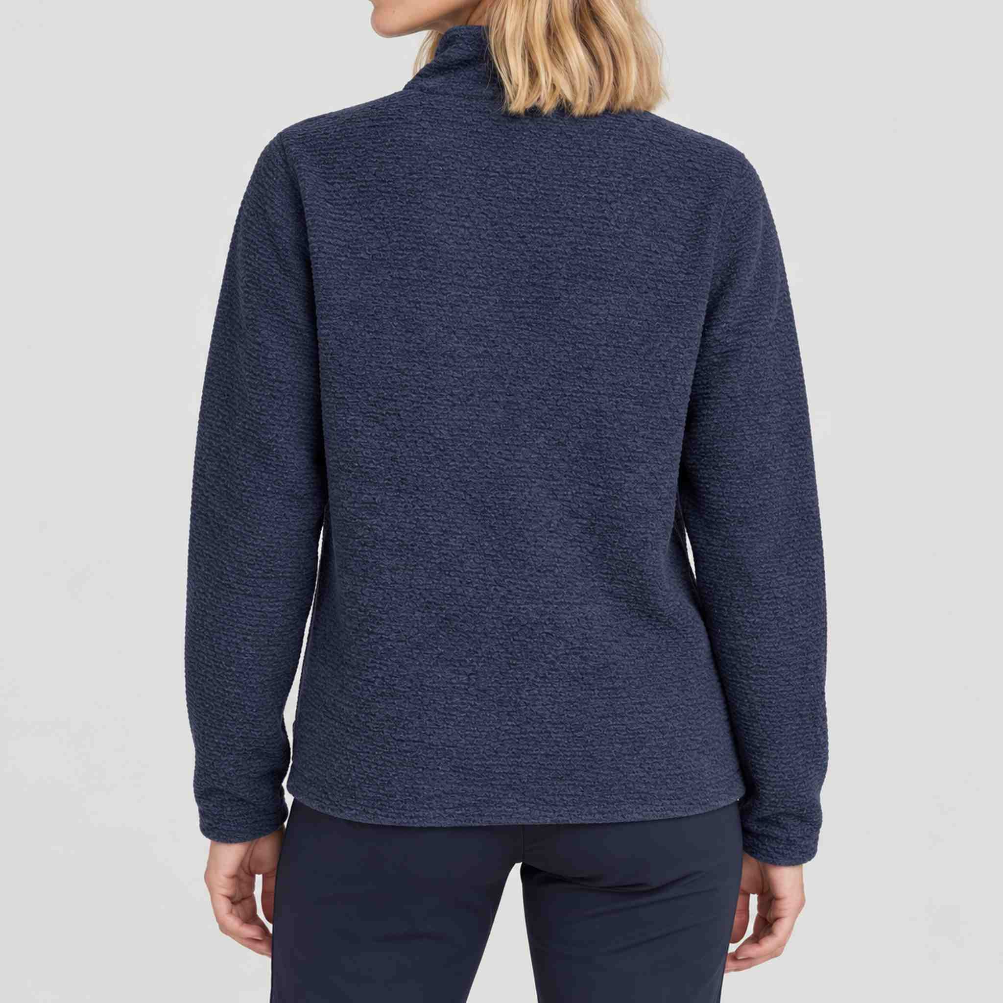 Amundsen Hut Half Zip in Faded Navy, back view on model.