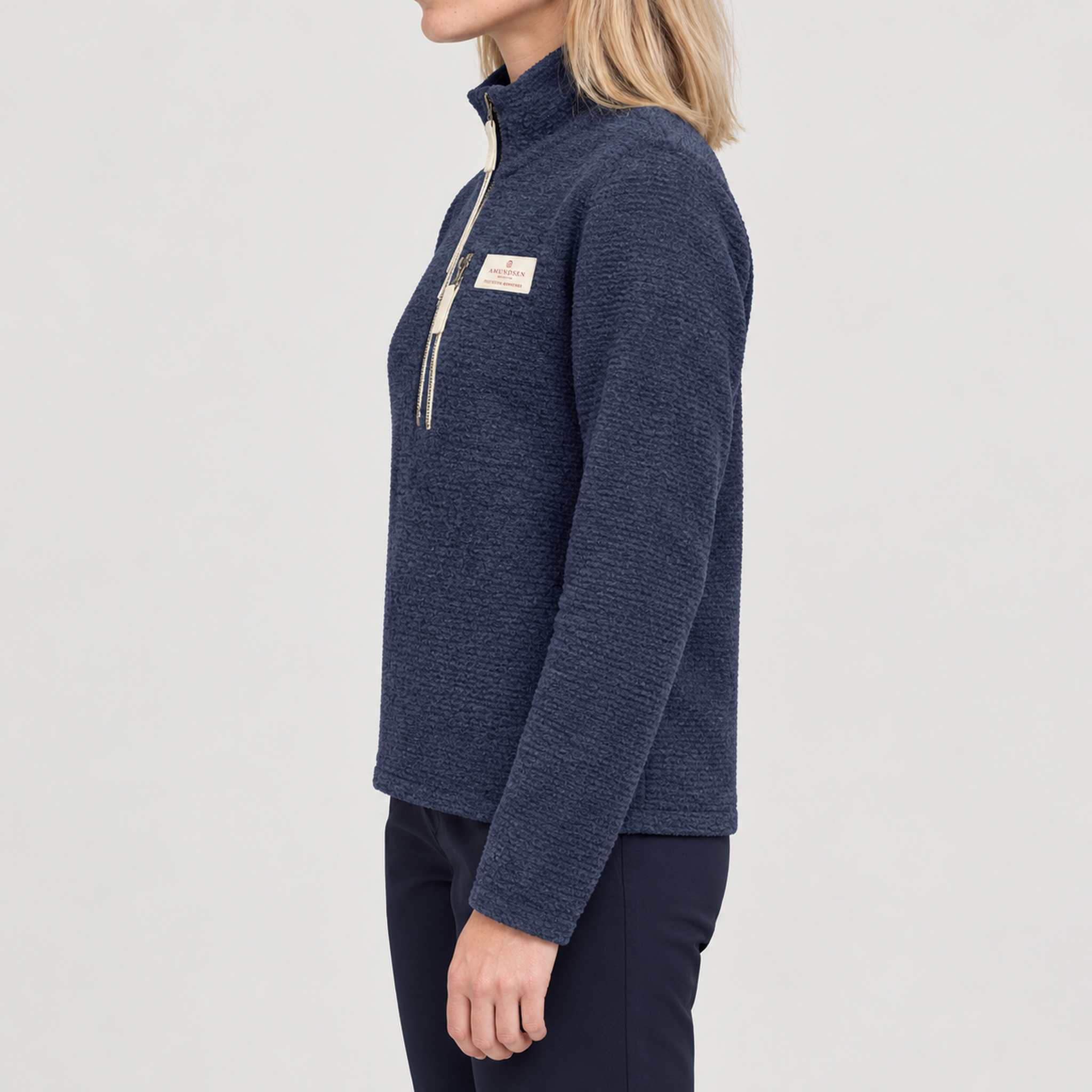 Amundsen Hut Half Zip in Faded Navy, side view on model.