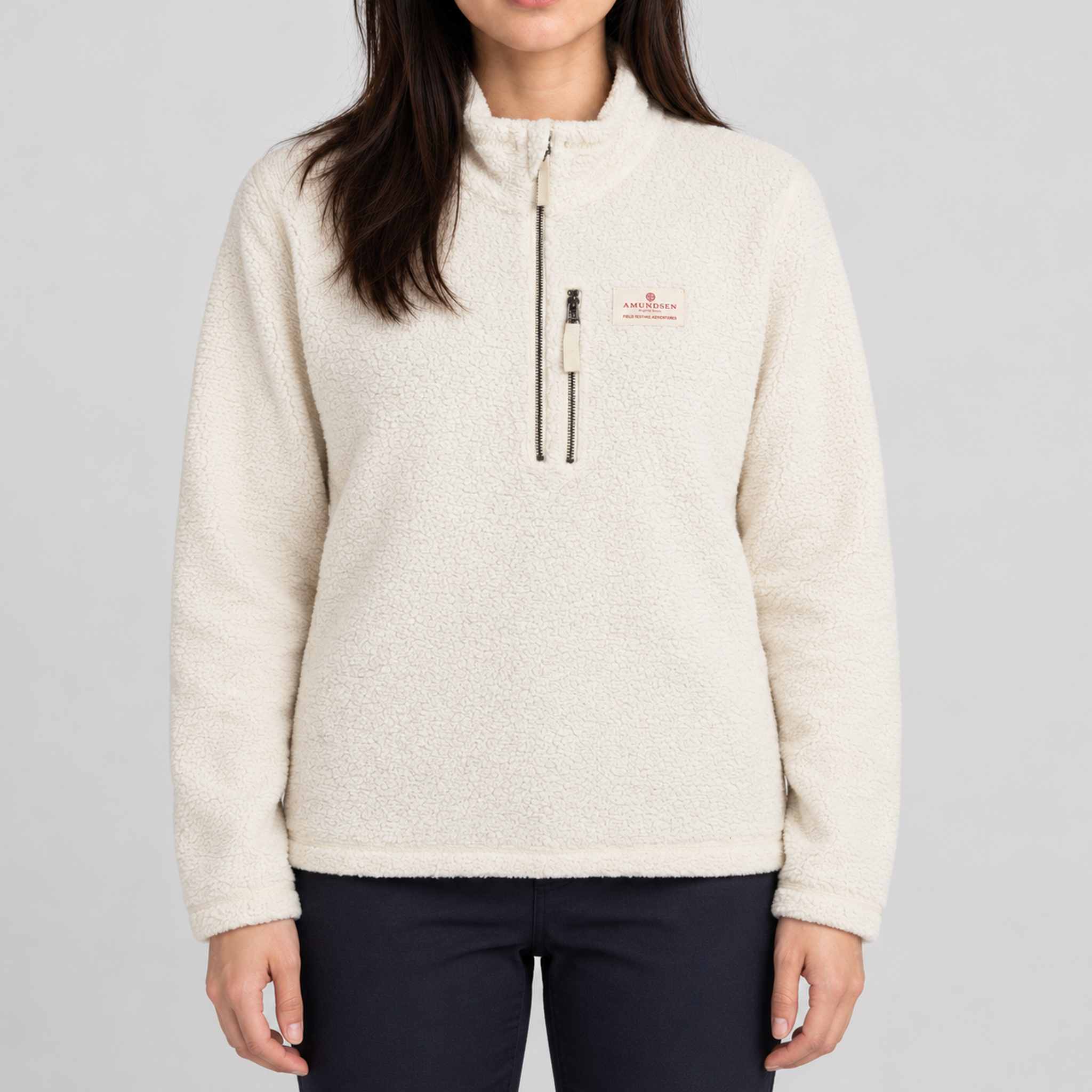 Amundsen Hut Half Zip in Oatmeal, front view on model.