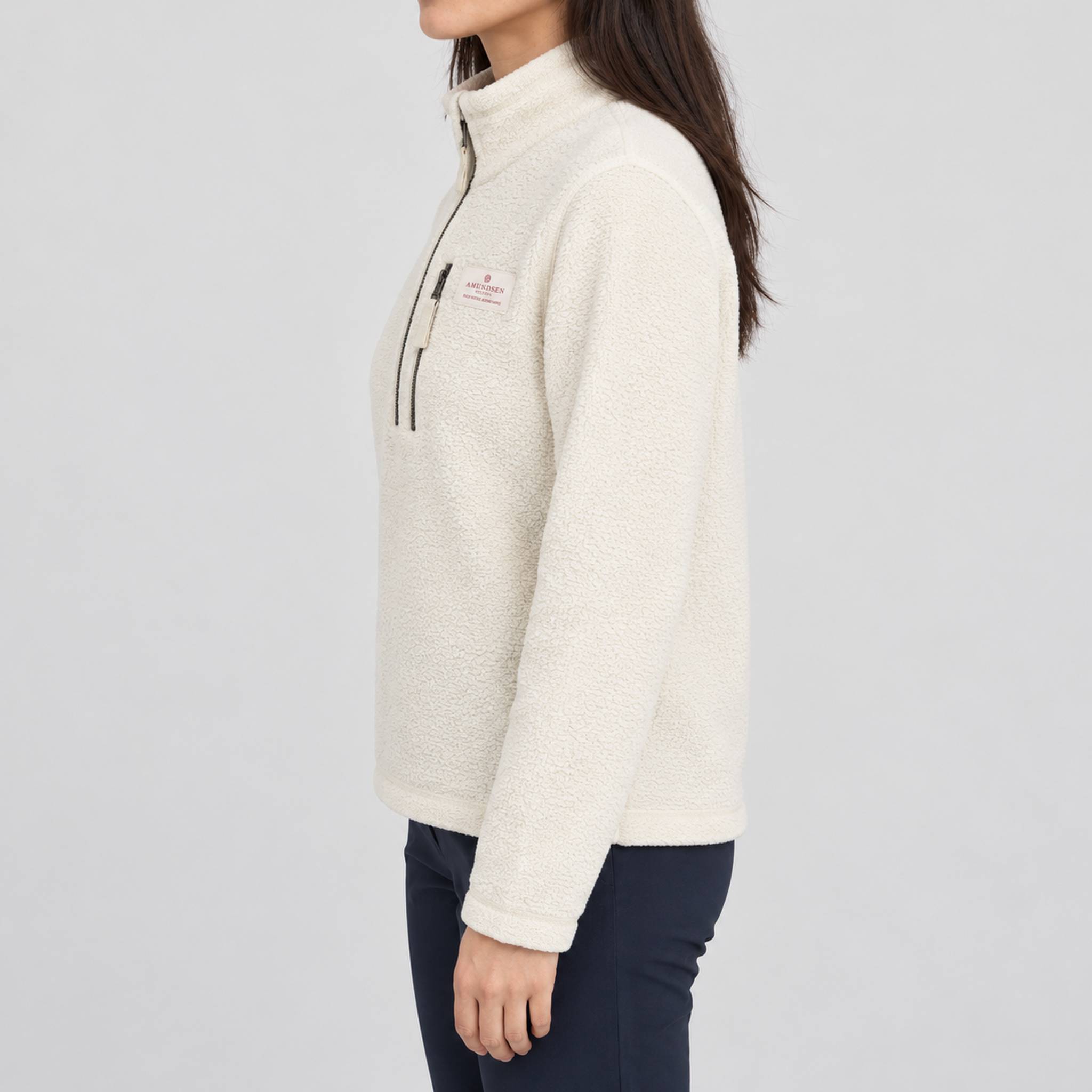 Amundsen Hut Half Zip in Oatmeal, side view on model.