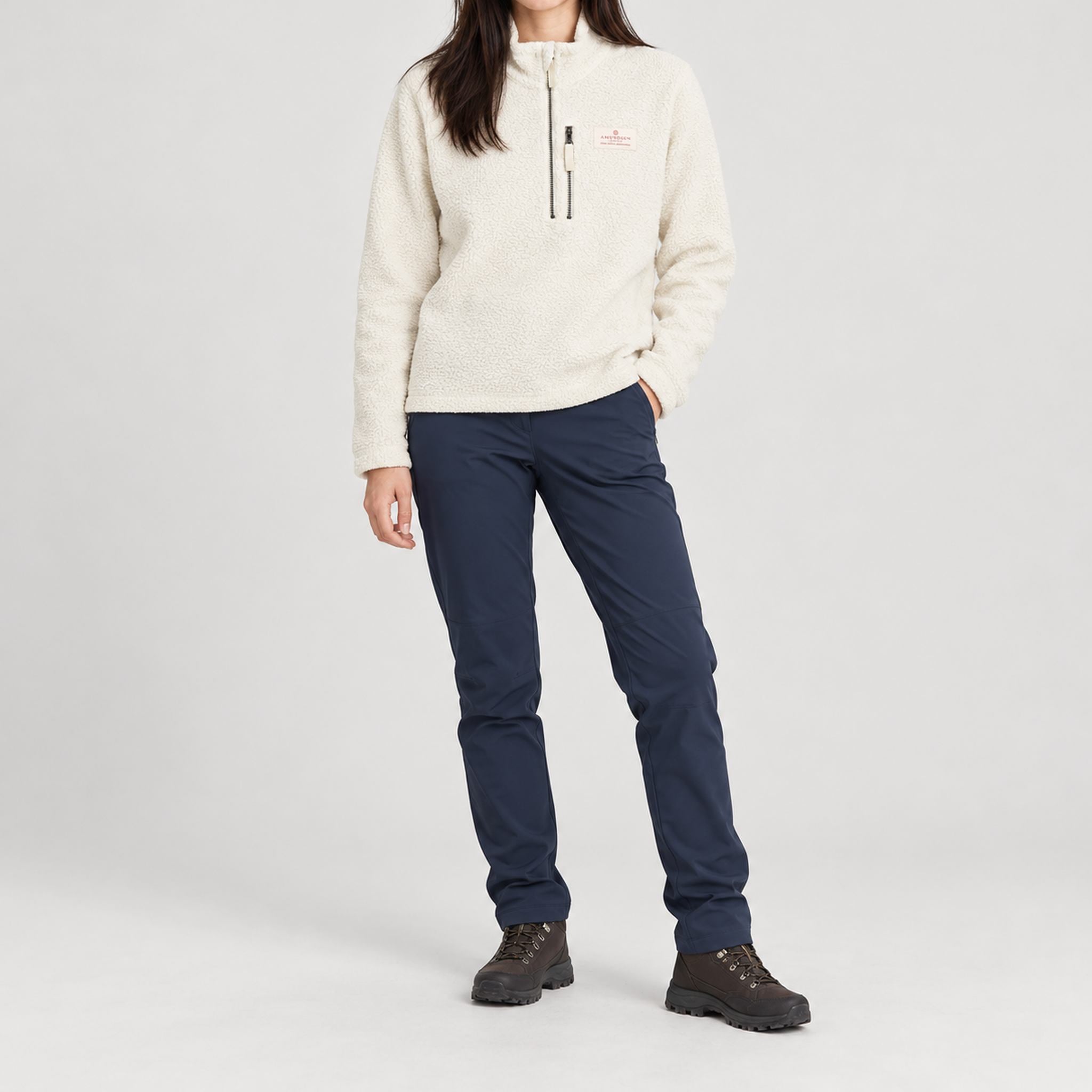 Amundsen Hut Half Zip in Oatmeal, full outfit view on model.