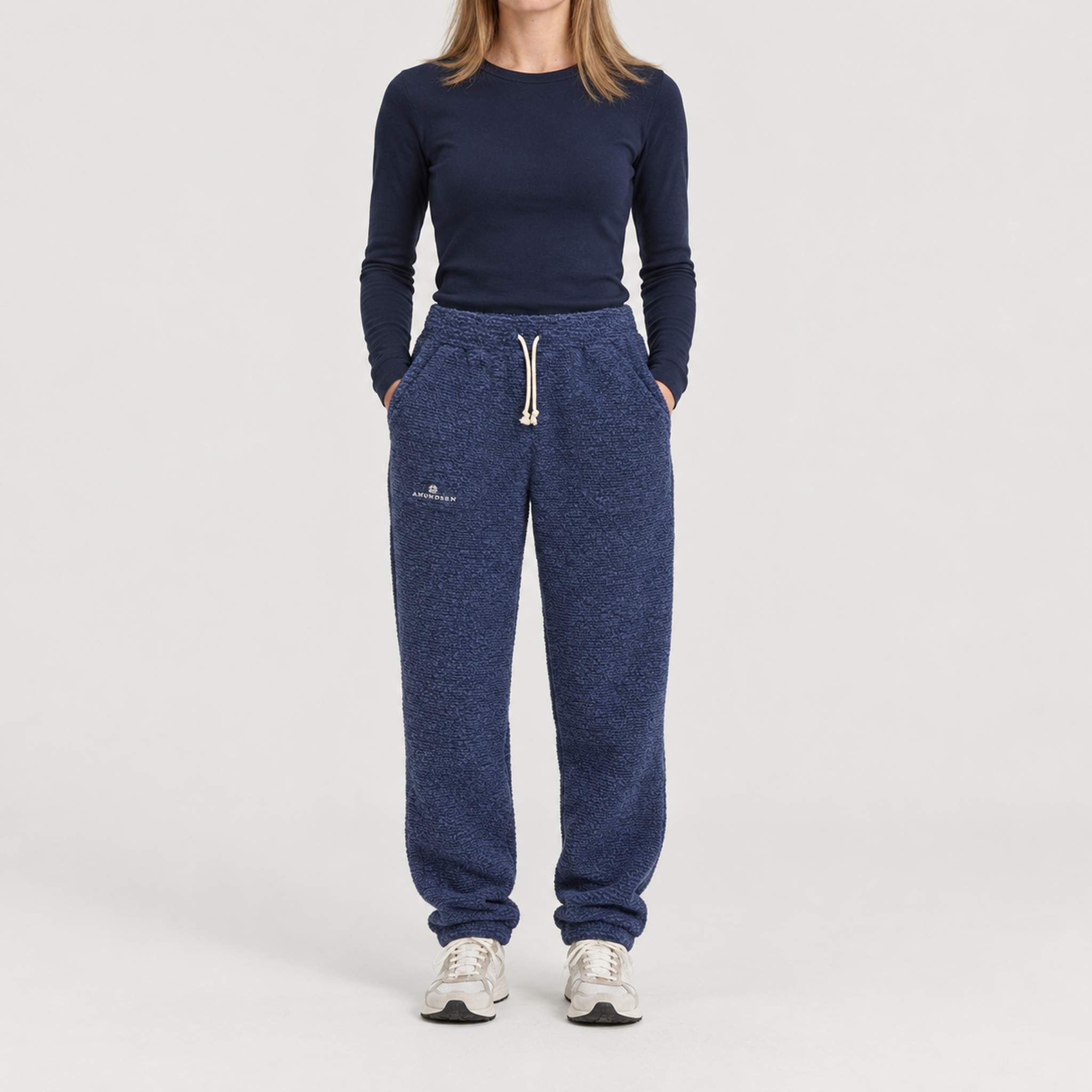 Amundsen Hut Pants in Faded Navy, front view on model.