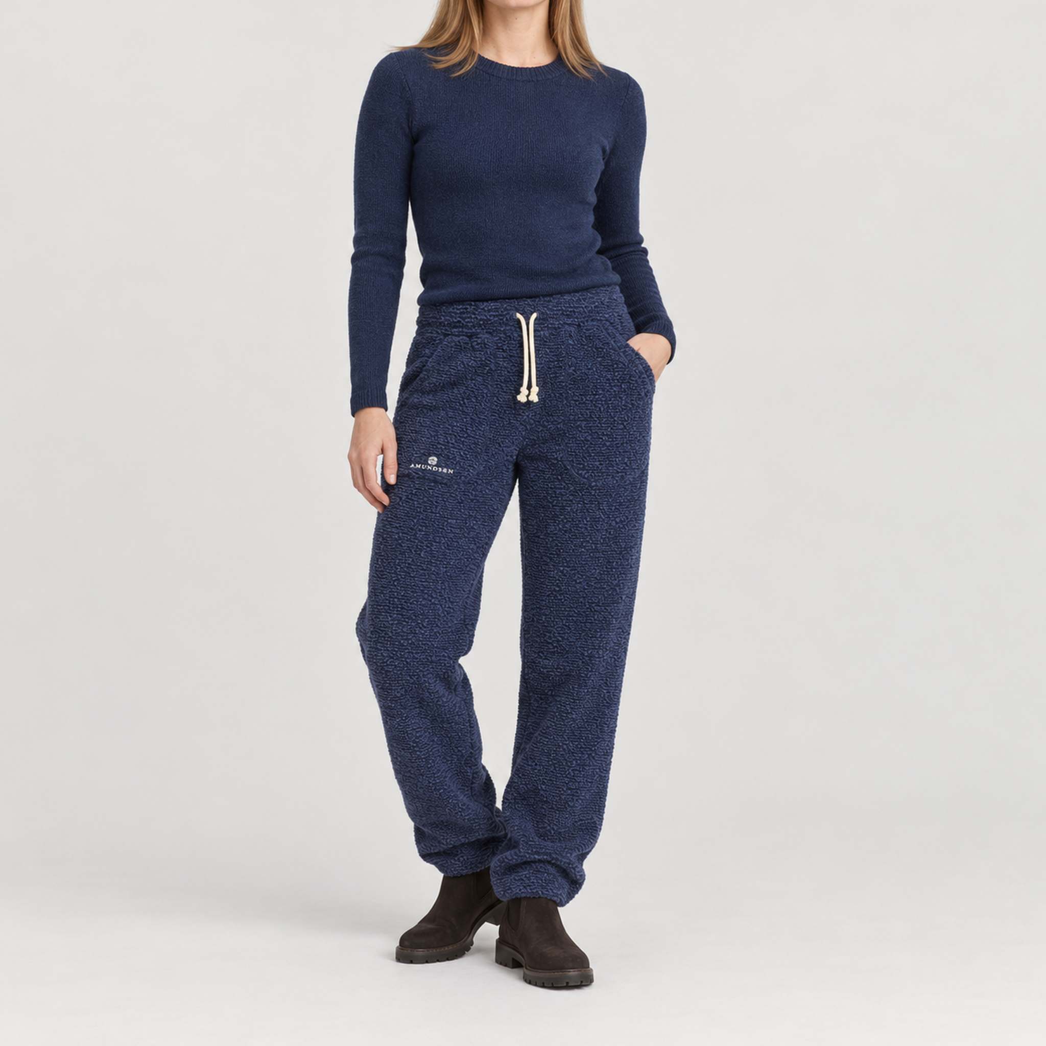 Amundsen Hut Pants in Faded Navy, full outfit view on model.