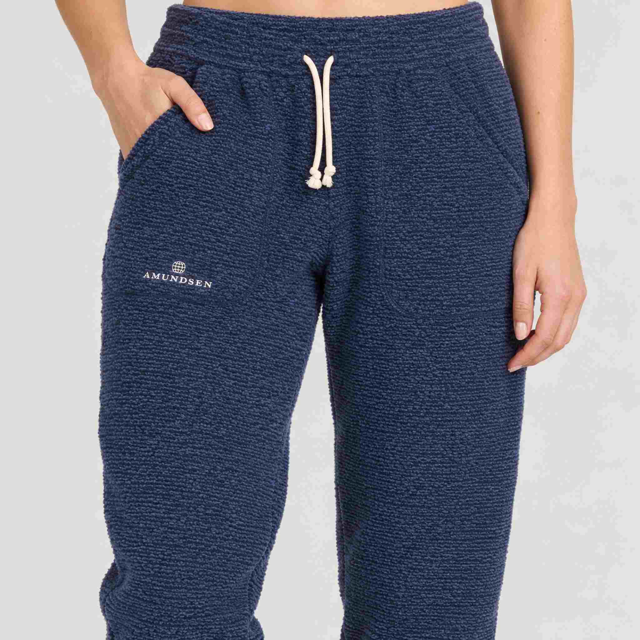 Amundsen Hut Pants in Faded Navy, close-up fabric detail on model.