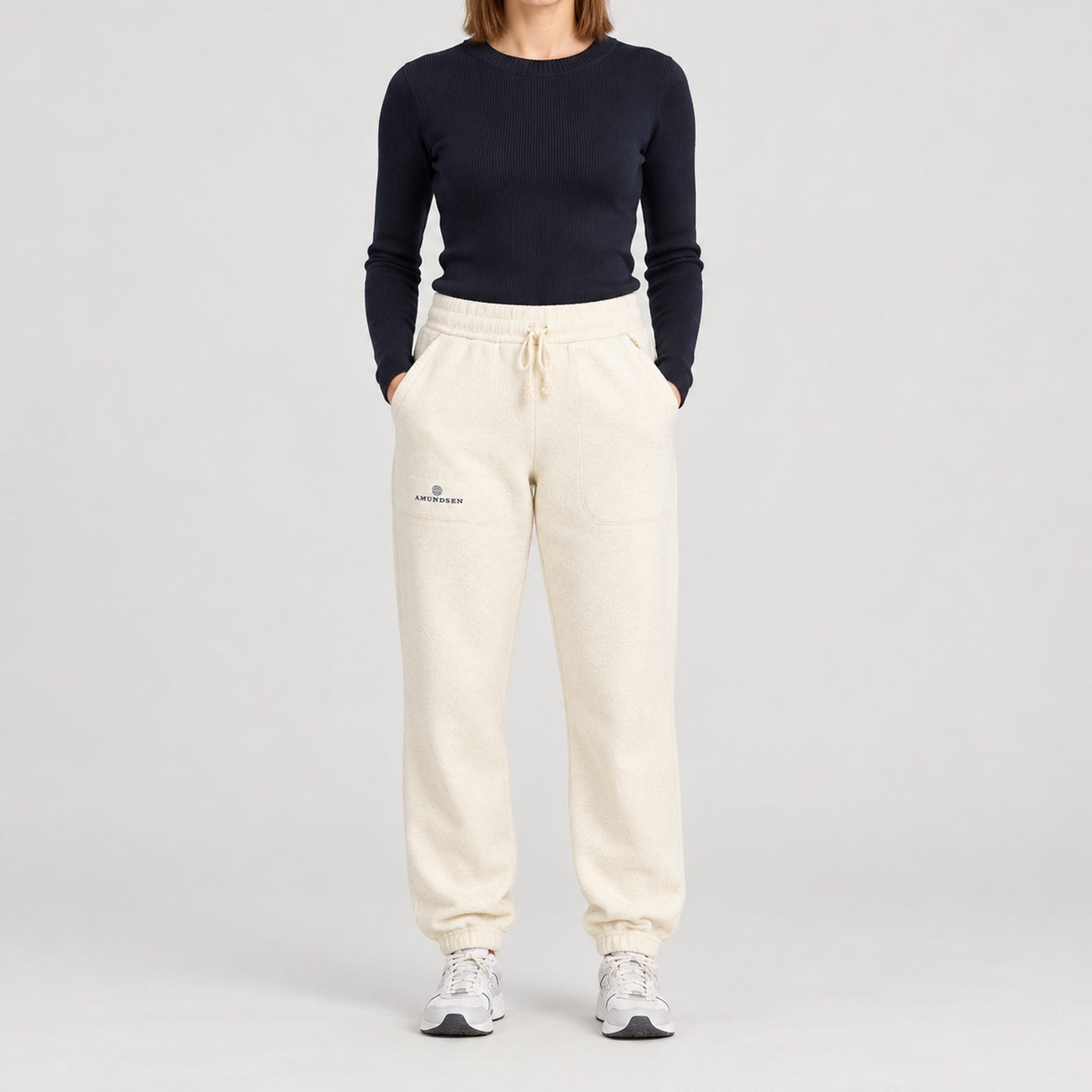 Amundsen Hut Pants in Oatmeal, front view on model.