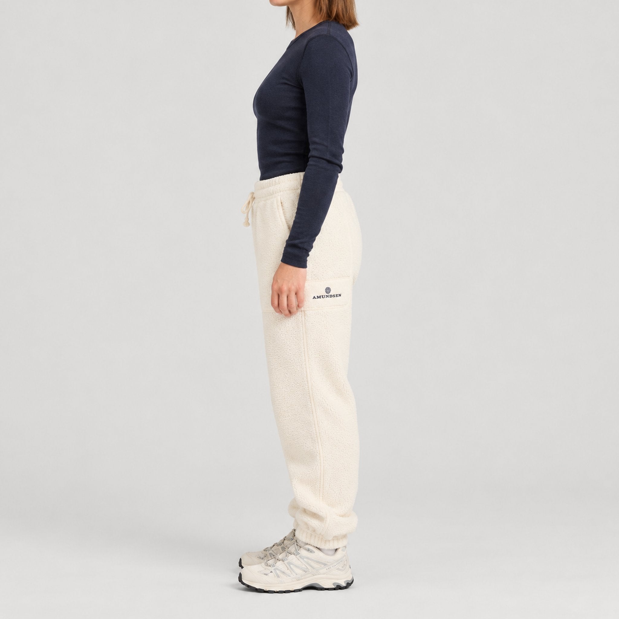 Amundsen Hut Pants in Oatmeal, side view on model.