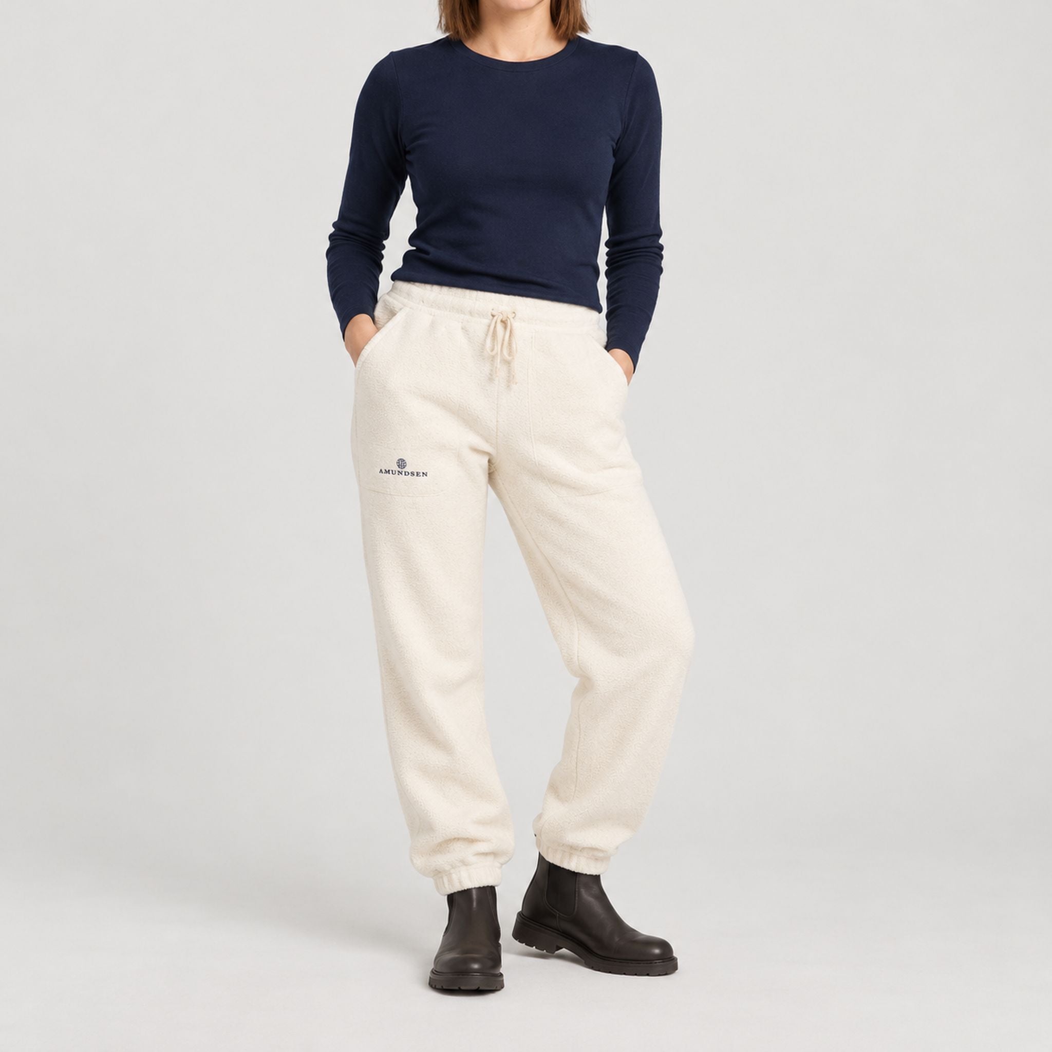 Amundsen Hut Pants in Oatmeal, full outfit view on model.
