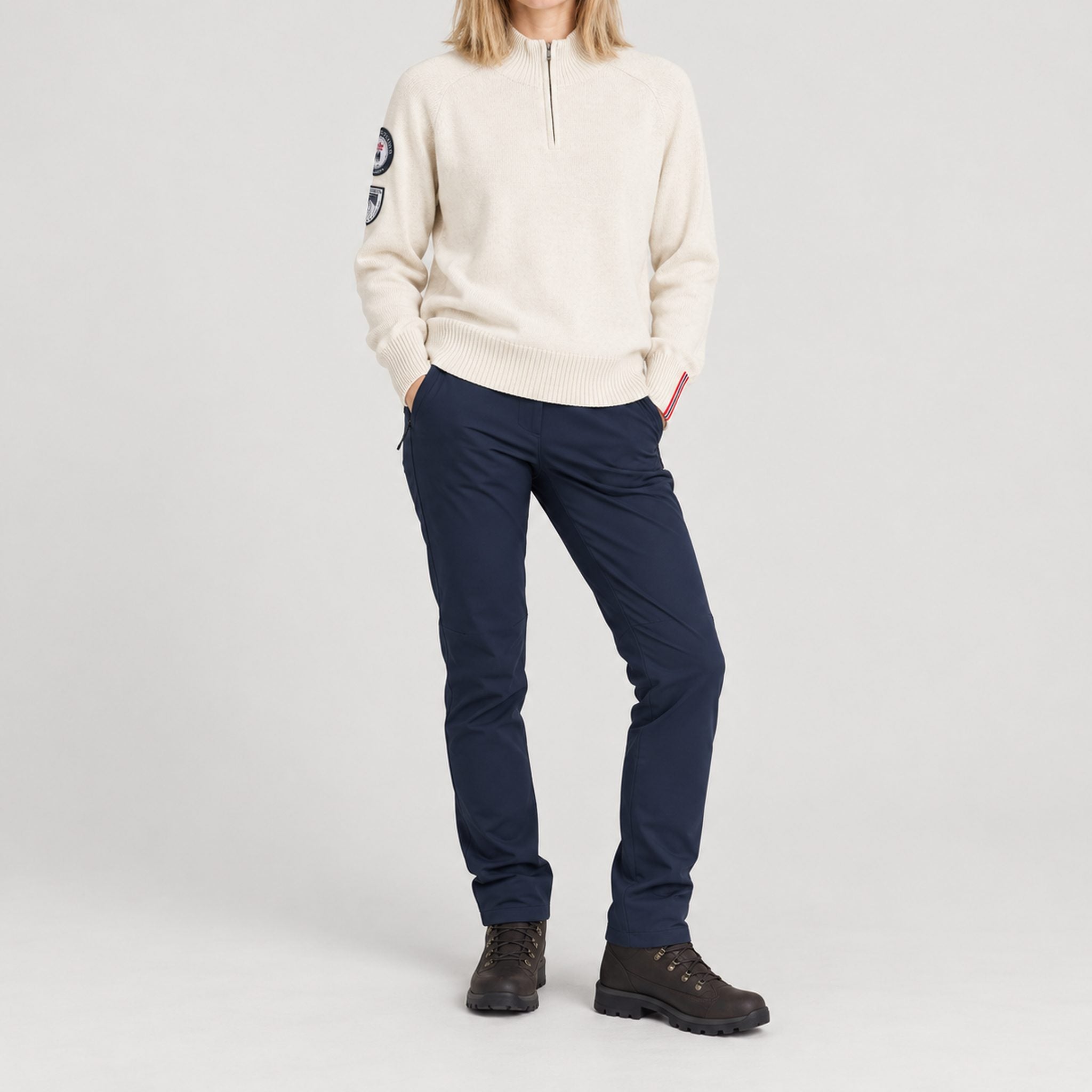 Amundsen Peak Half Zip in Oatmeal, full outfit view on model.