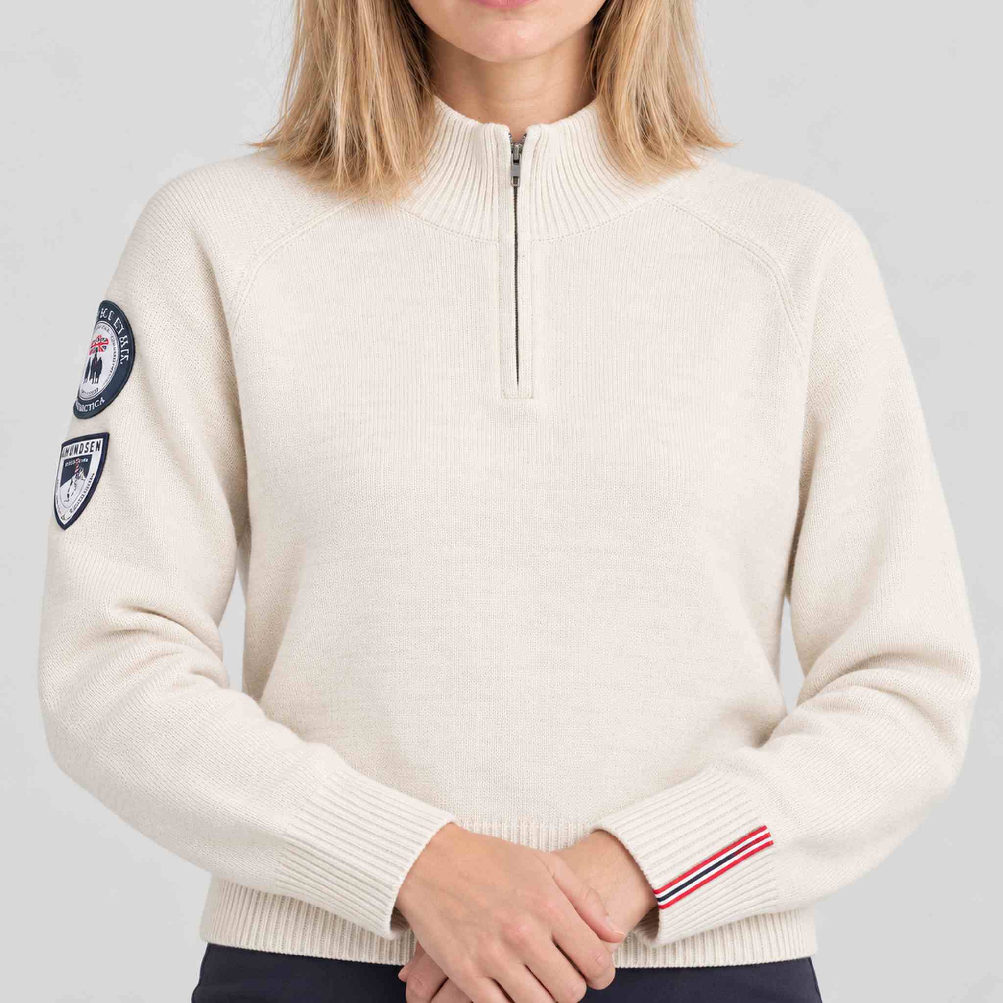Amundsen Peak Half Zip in Oatmeal, close-up fabric detail on model.