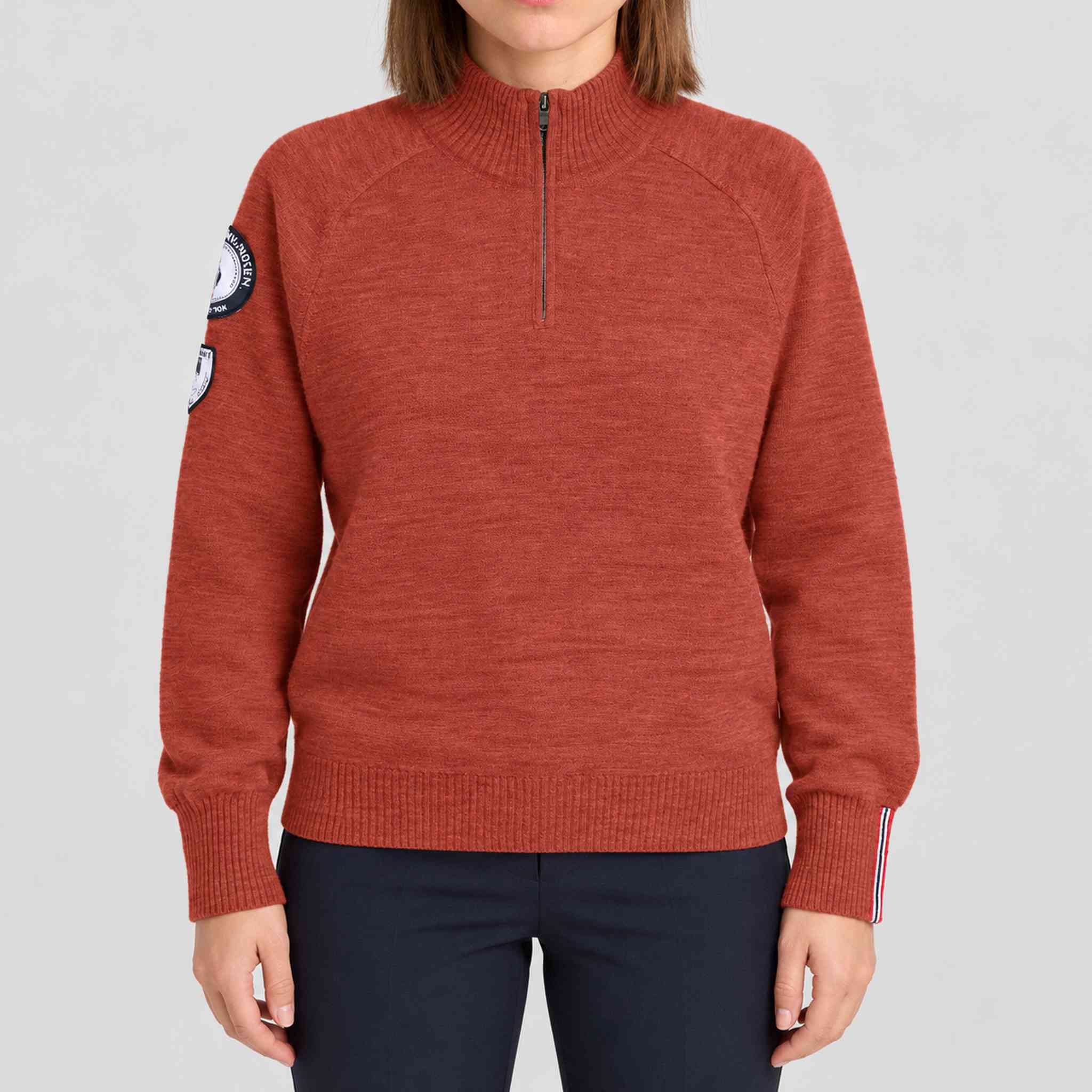 Amundsen Peak Half Zip in Terra Red, front view on model.