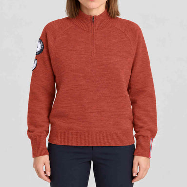 Amundsen Peak Half Zip in Terra Red, front view on model.