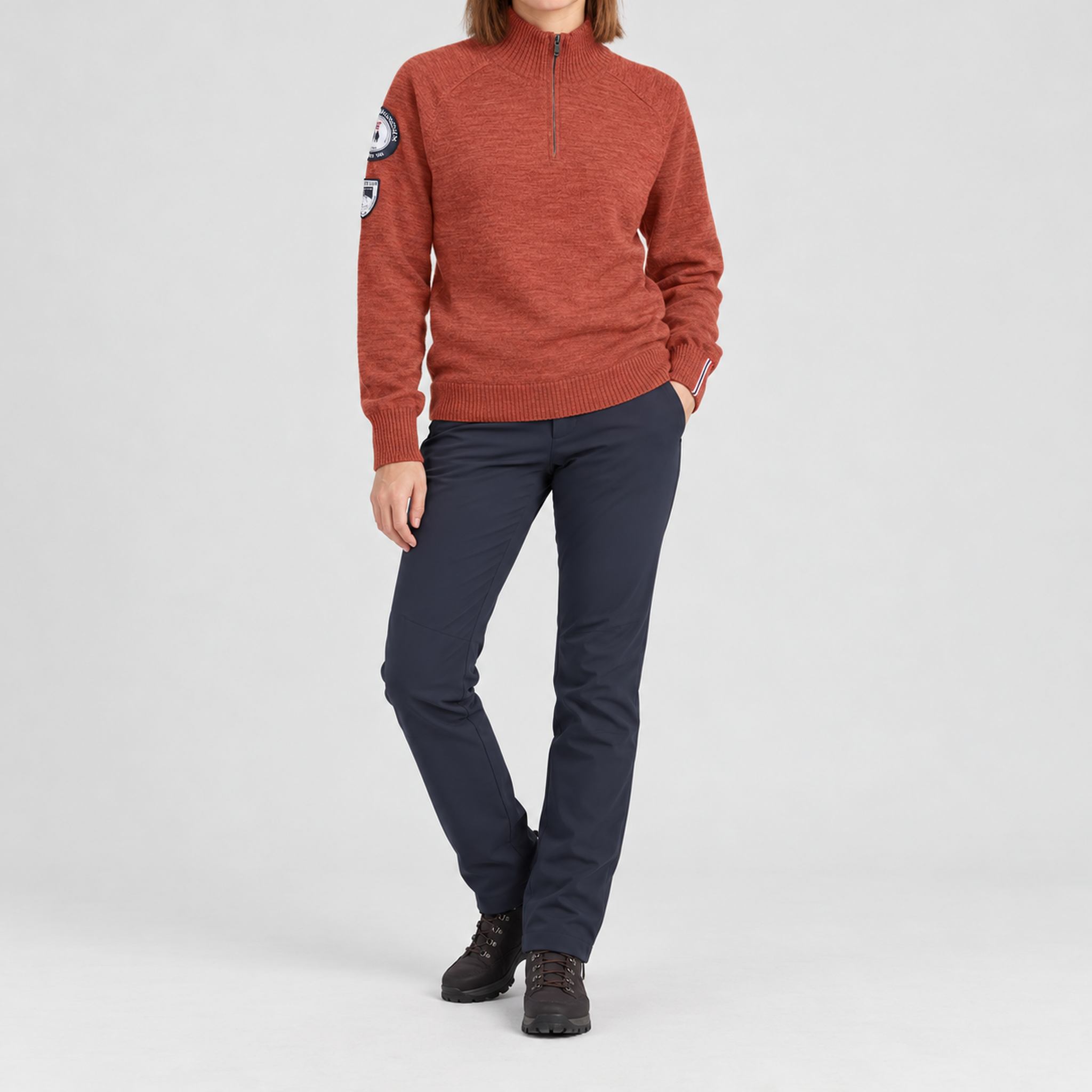Amundsen Peak Half Zip in Terra Red, full outfit view on model.