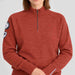 Amundsen Peak Half Zip in Terra Red, close-up fabric detail on model.