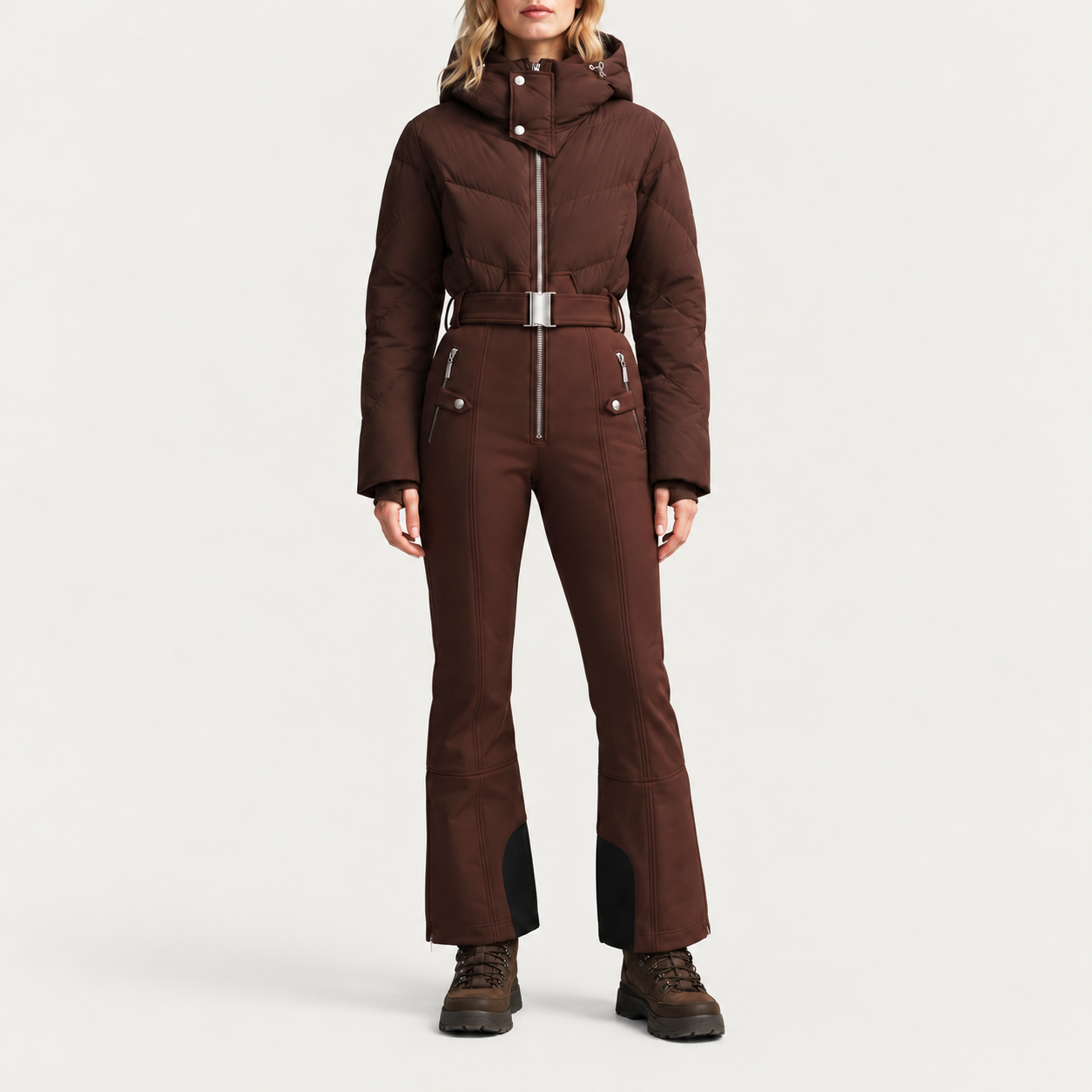 Cordova women's Ajax Ski Suit in Chocolate – model front view – London Ski Co